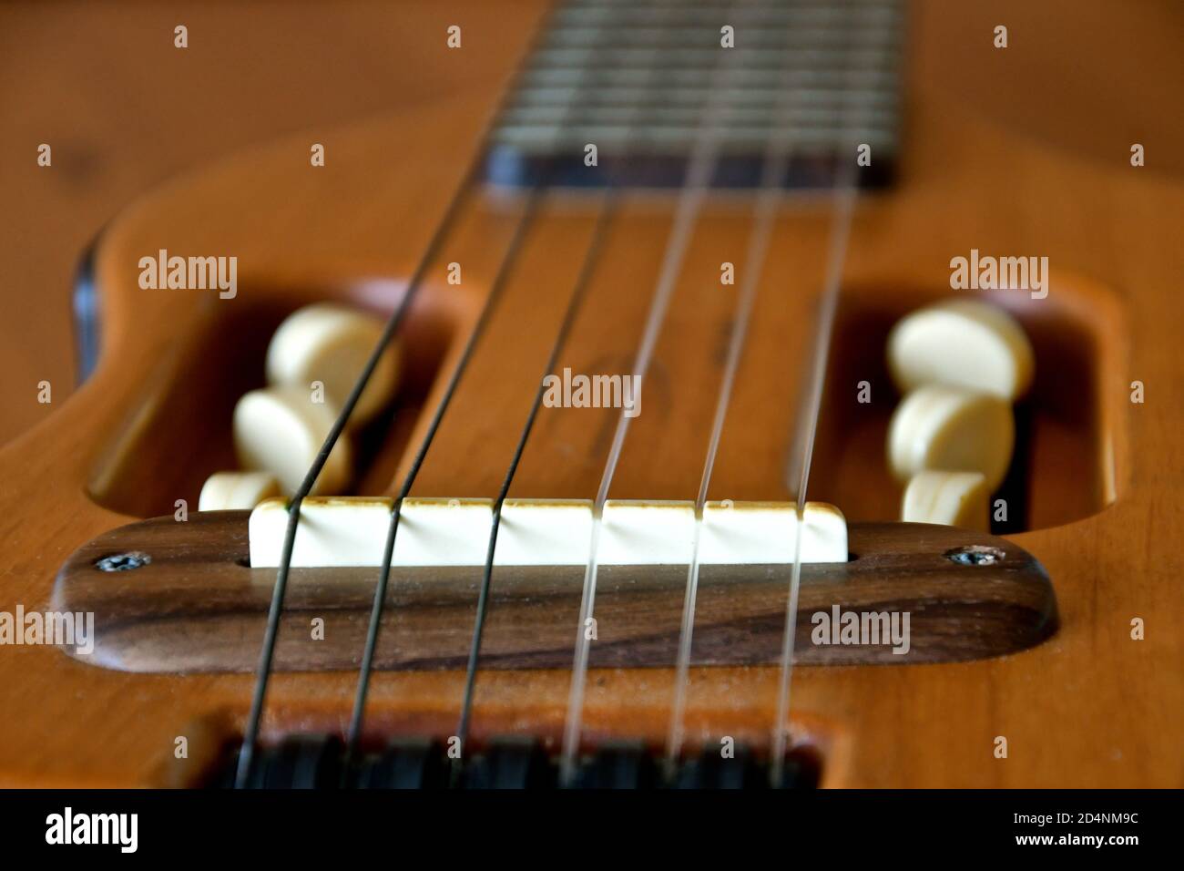 Primo piano vista del ponte e delle corde su un mandolino. Foto Stock