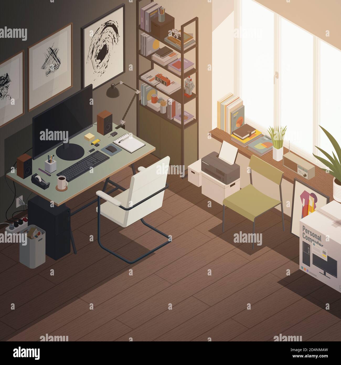 Interni moderni per l'home Office con computer, scrivania e decorazioni dal design moderno, illustrazione isometrica in 3D Foto Stock