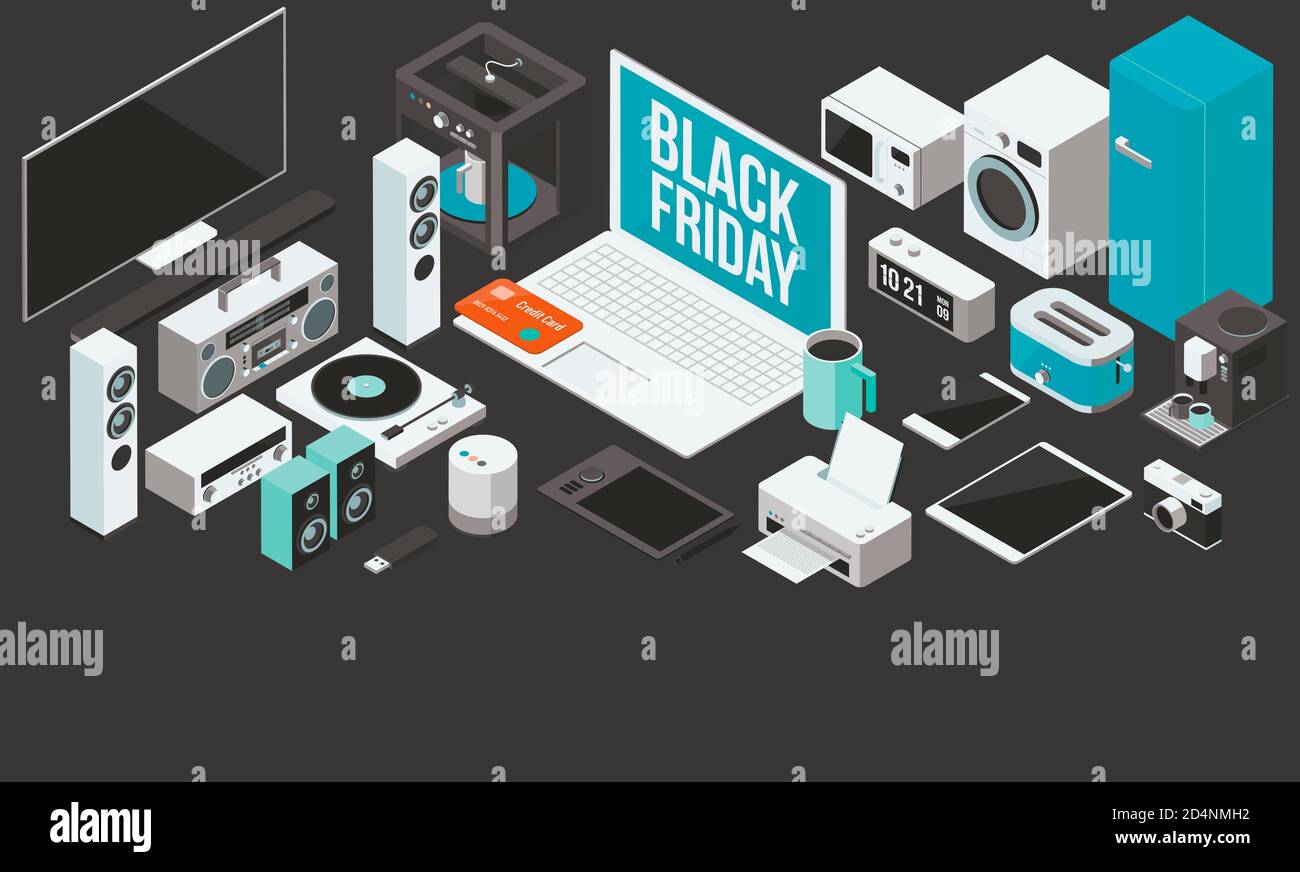 Illustrazione 3D. Vendita promozionale Black friday elettronica: Hi-tech  gadget, elettrodomestici, computer e touch screen dispositivi, shopping  online Foto stock - Alamy