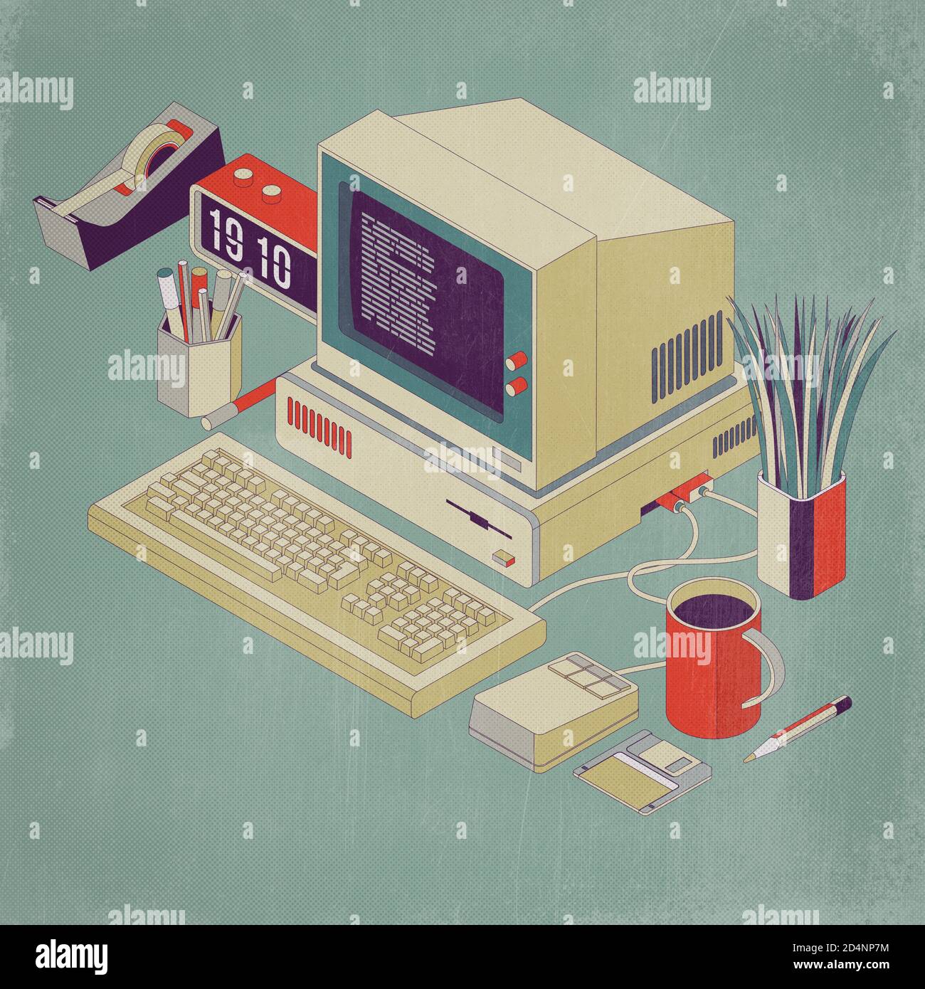 Vecchio PC desktop obsoleto con mouse, tastiera e floppy disk, illustrazione isometrica 3D Foto Stock