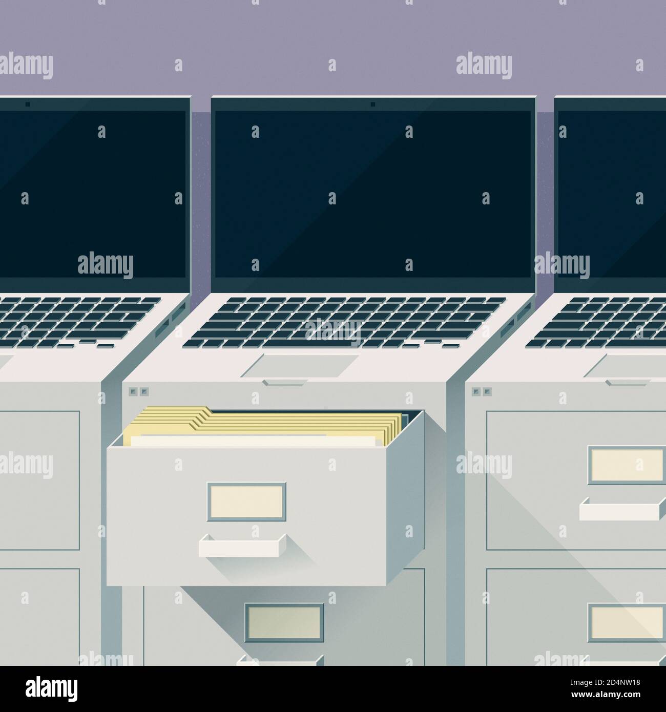 Concetto di archiviazione e archiviazione delle informazioni, set di computer portatili con armadietti di archiviazione e cartelle illustrazione 3D Foto Stock