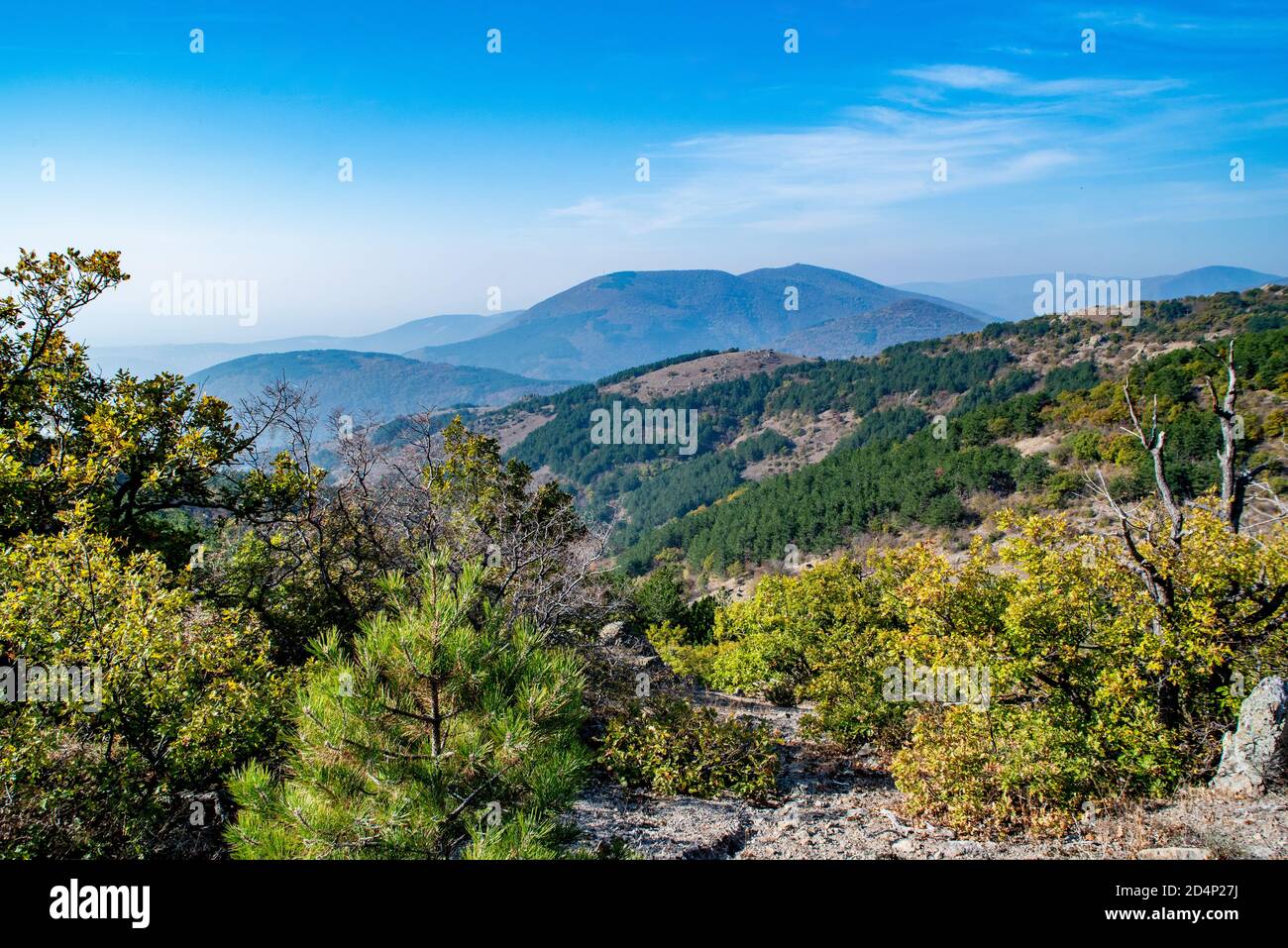 Paesaggio montano con pendii rocciosi e cespugli verdi e un picco alto nella distanza Foto Stock