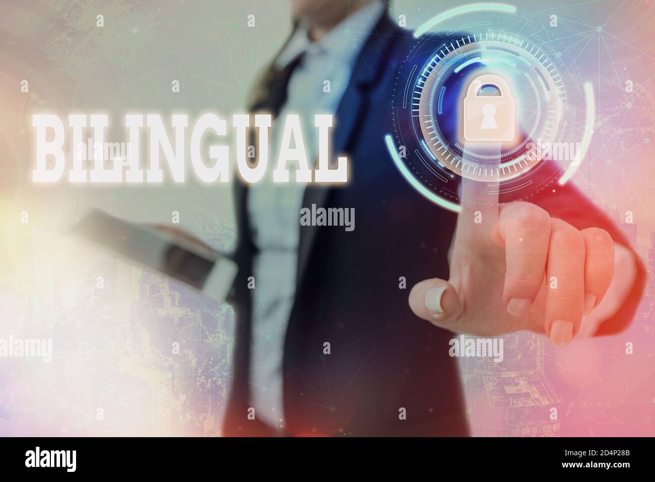Simbolo di testo bilingue. Testo di foto di affari usando o in grado di usare due lingue specialmente con la stessa fluenza lucchetto di grafica per i dati web informa Foto Stock