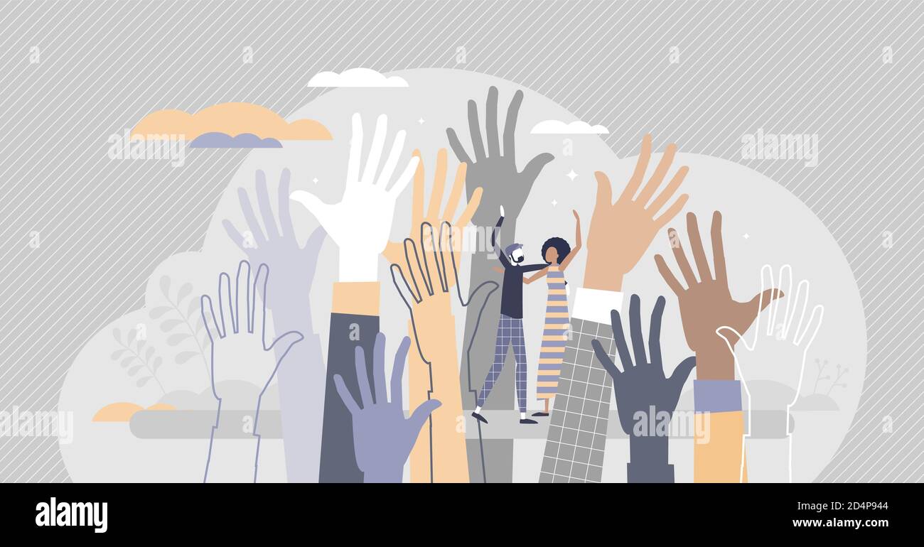 La diversità sociale come multiculturale e razza ha alzato le mani concetto di persona minuscolo. Colore della pelle diverso, sesso vario, cultura e gruppi etnici uniti o. Illustrazione Vettoriale