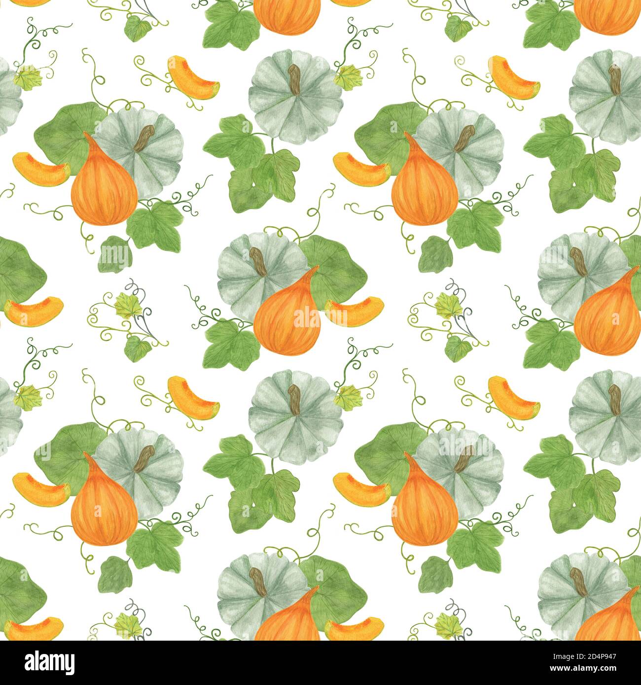 Zucca, fetta e foglie modello senza giunture tradizionale autunno ortaggi acquerello disegnata a mano illustrazione per vacanze autunno che avvolge carta regalo, gr Foto Stock