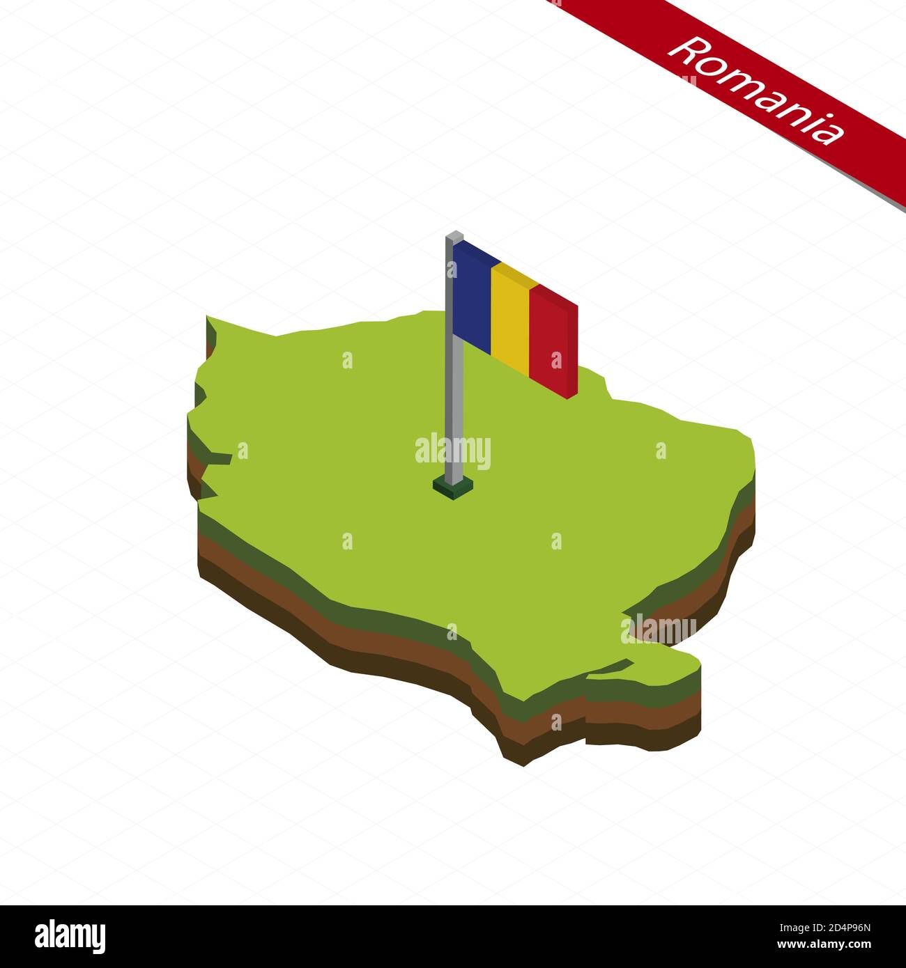 Mappa isometrica e bandiera della Romania. Forma isometrica 3D della Romania. Illustrazione vettoriale. Illustrazione Vettoriale