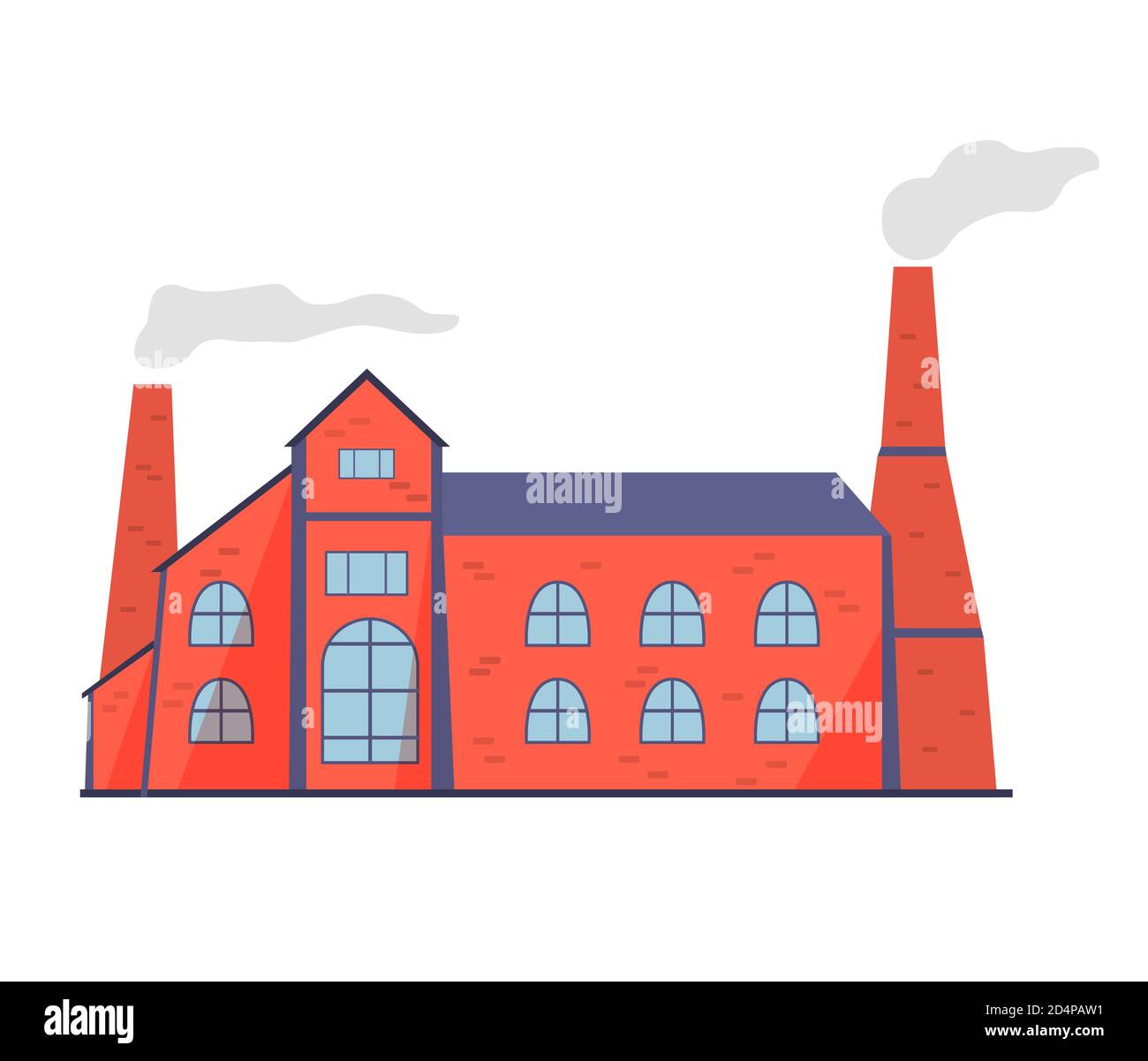 Vecchio edificio di fabbrica con fumatore camini.Vector illustrazione piatta isolato su sfondo bianco. Illustrazione Vettoriale