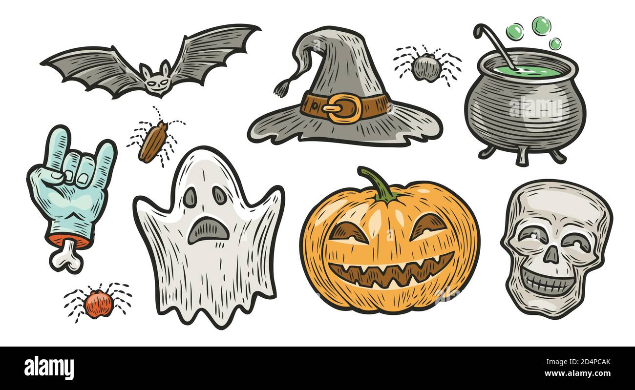 Set di simboli di Halloween. Illustrazione vettoriale del concetto di vacanza Illustrazione Vettoriale