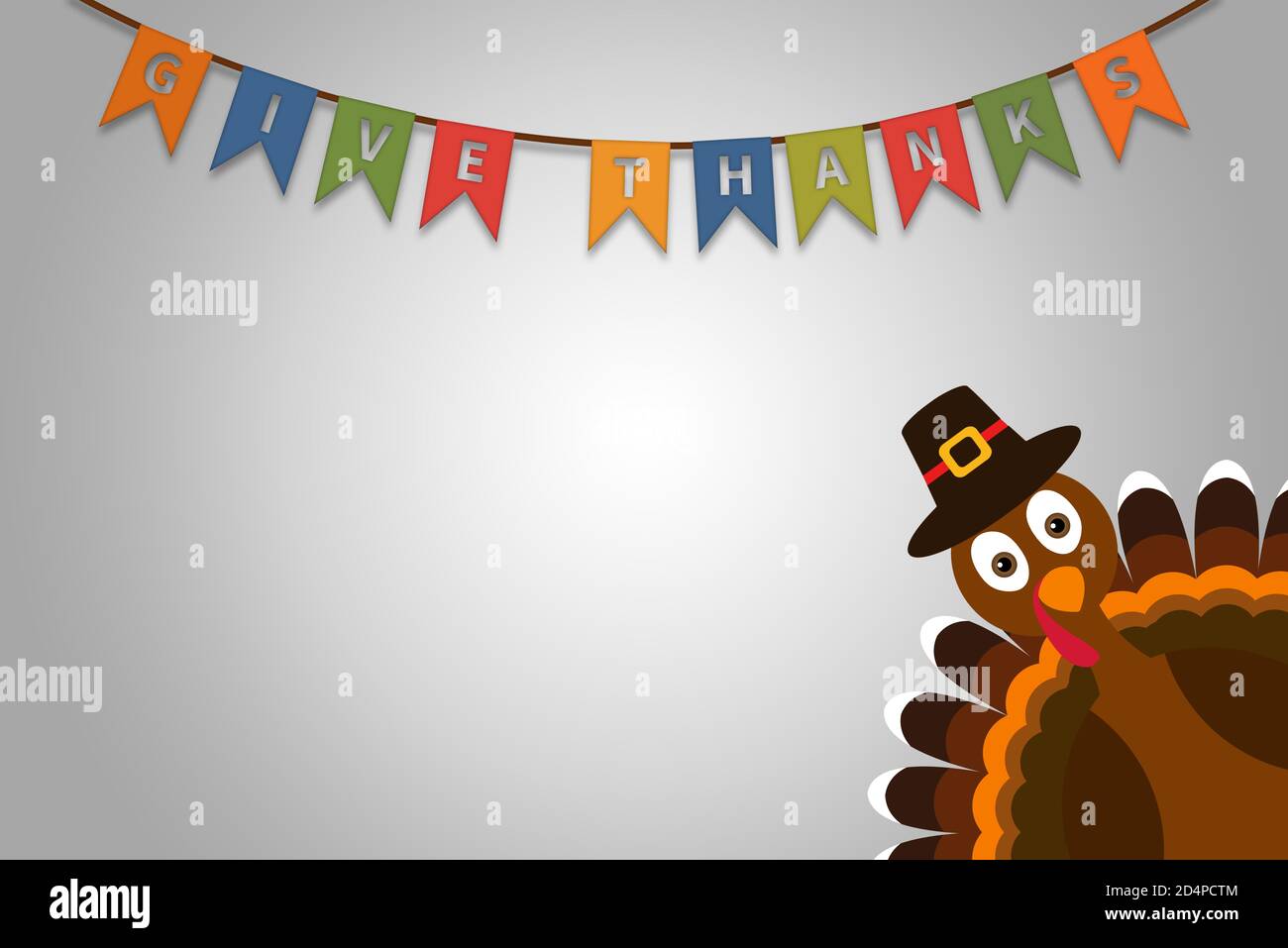 Felice testo del Ringraziamento Cartoon Turchia Pilgrim su sfondo bianco Poster del Ringraziamento con bandiere appese dare testo di ringraziamento. Foto Stock