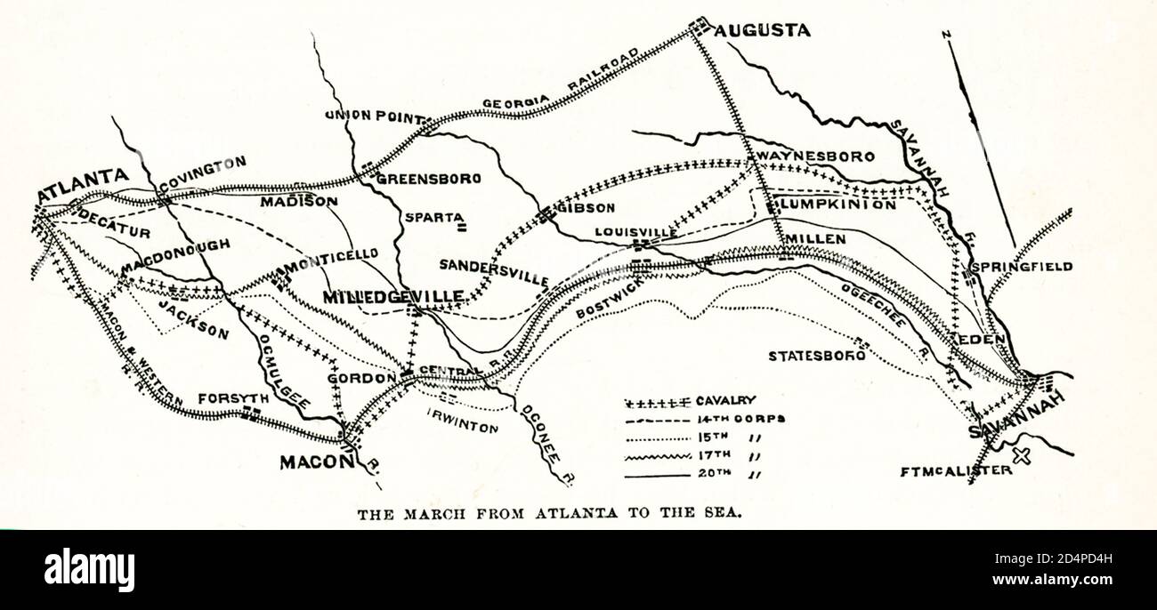 Dal 15 novembre al 21 dicembre 1864, il generale dell'Unione William T. Sherman guidò circa 60,000 soldati in una marcia di 285 miglia da Atlanta a Savannah, Georgia. Lo scopo della marcia di Sherman verso il mare era quello di spaventare la popolazione civile della Georgia nell'abbandonare la causa confederata. Foto Stock