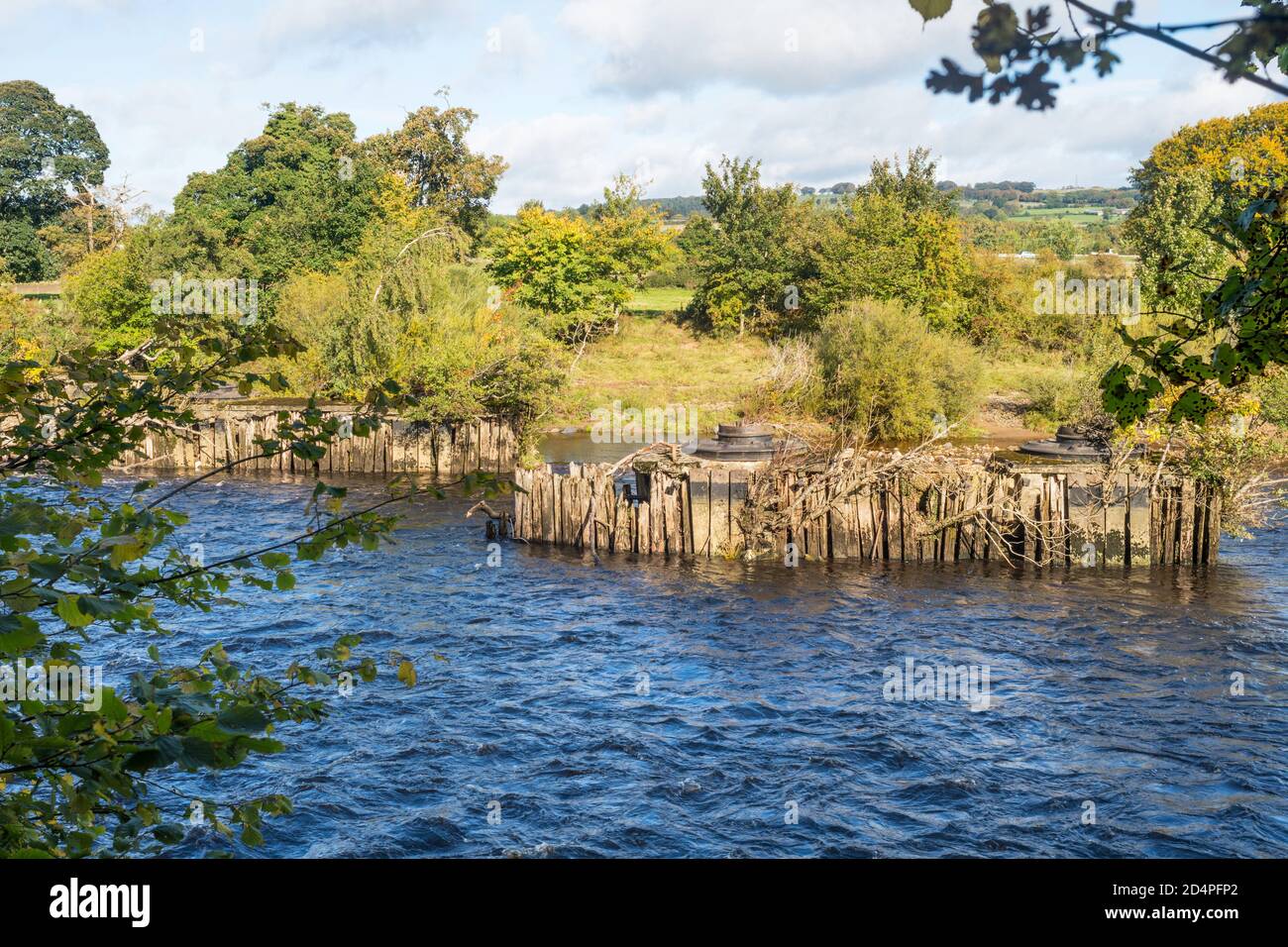 Vecchi moli dalle contee di confine demolite Ponte ferroviario attraverso il fiume Tyne a ovest di Hexham in Northumberland, Inghilterra, Regno Unito Foto Stock