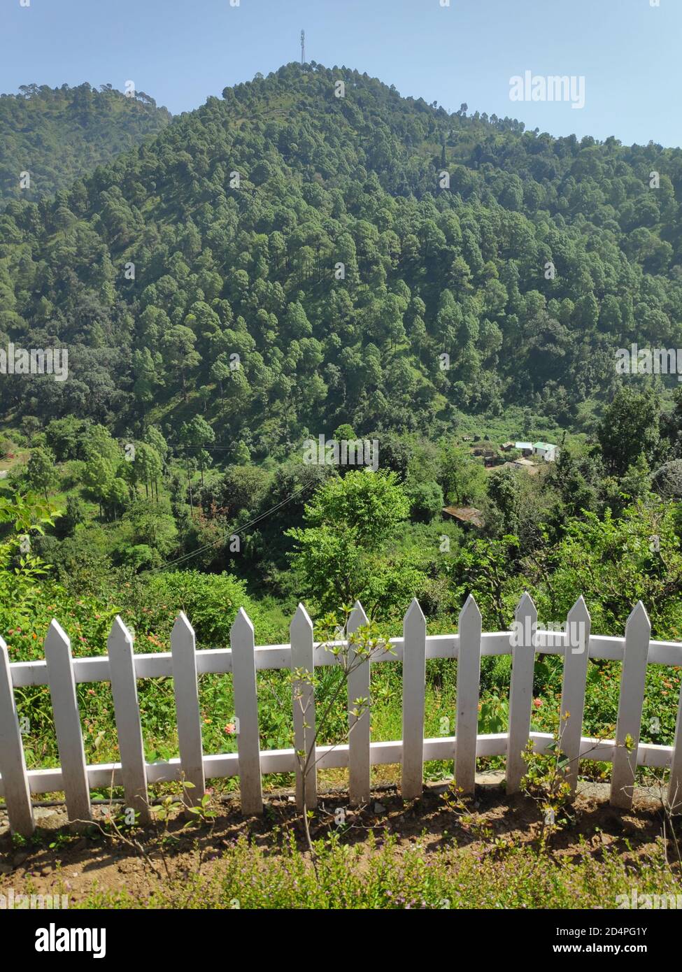Una vista delle montagne da attraverso un prato con una recinzione da picket Foto Stock