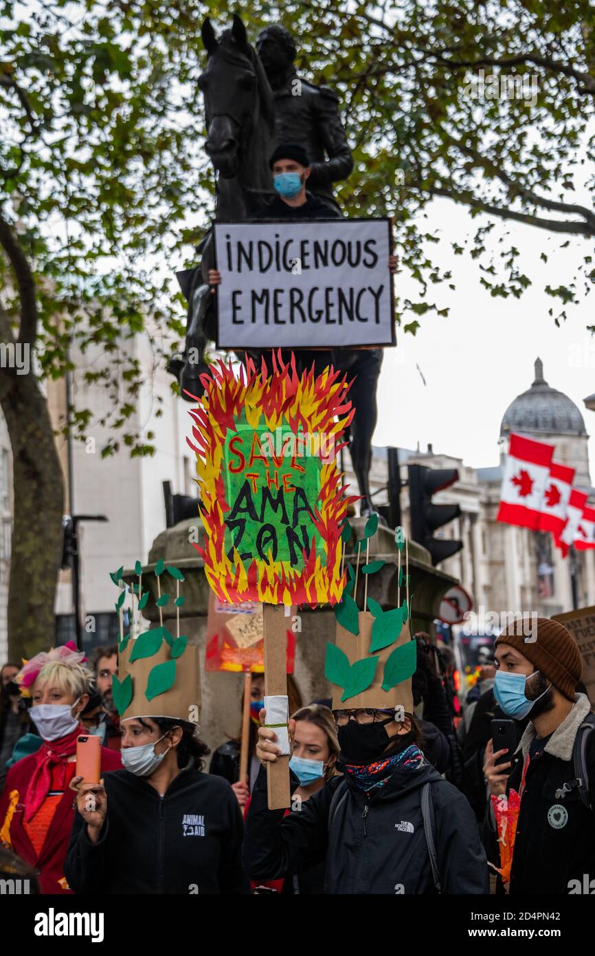 Londra, Regno Unito. 10 Ott 2020. Ecocide sufficiente - la ribellione estinzione protesta per la distruzione della foresta amazzonica presso l'Ambasciata Brasiliana. Ciò ha fatto parte di una giornata globale di azione per l'Amazzonia. Credit: Guy Bell/Alamy Live News Foto Stock