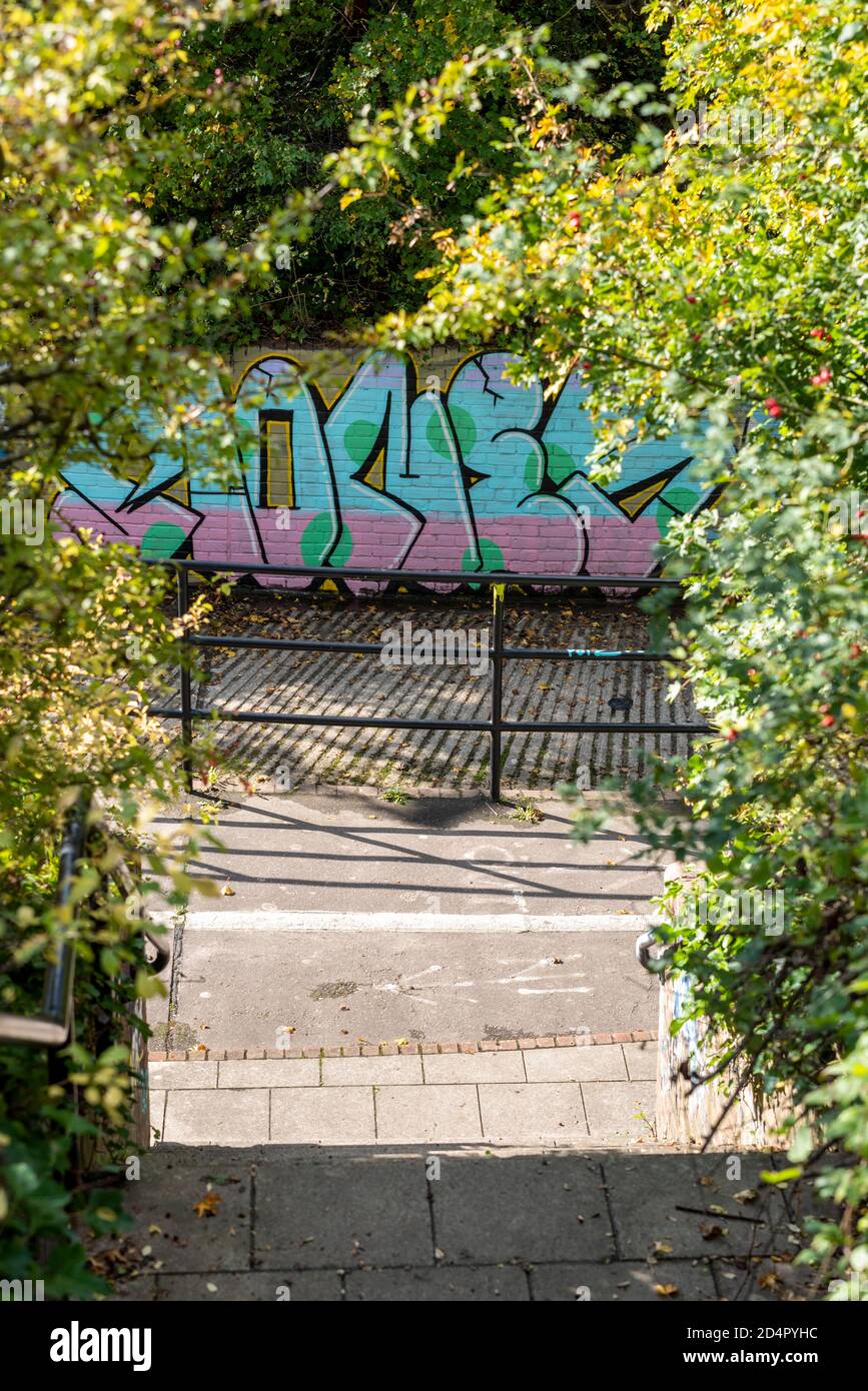 Graffiti sulle pareti del ponte sotto Cherry Orchard Way, Rochford, Southend, Essex, UK, con il verde circostante. Area mista suburbana e boschiva Foto Stock