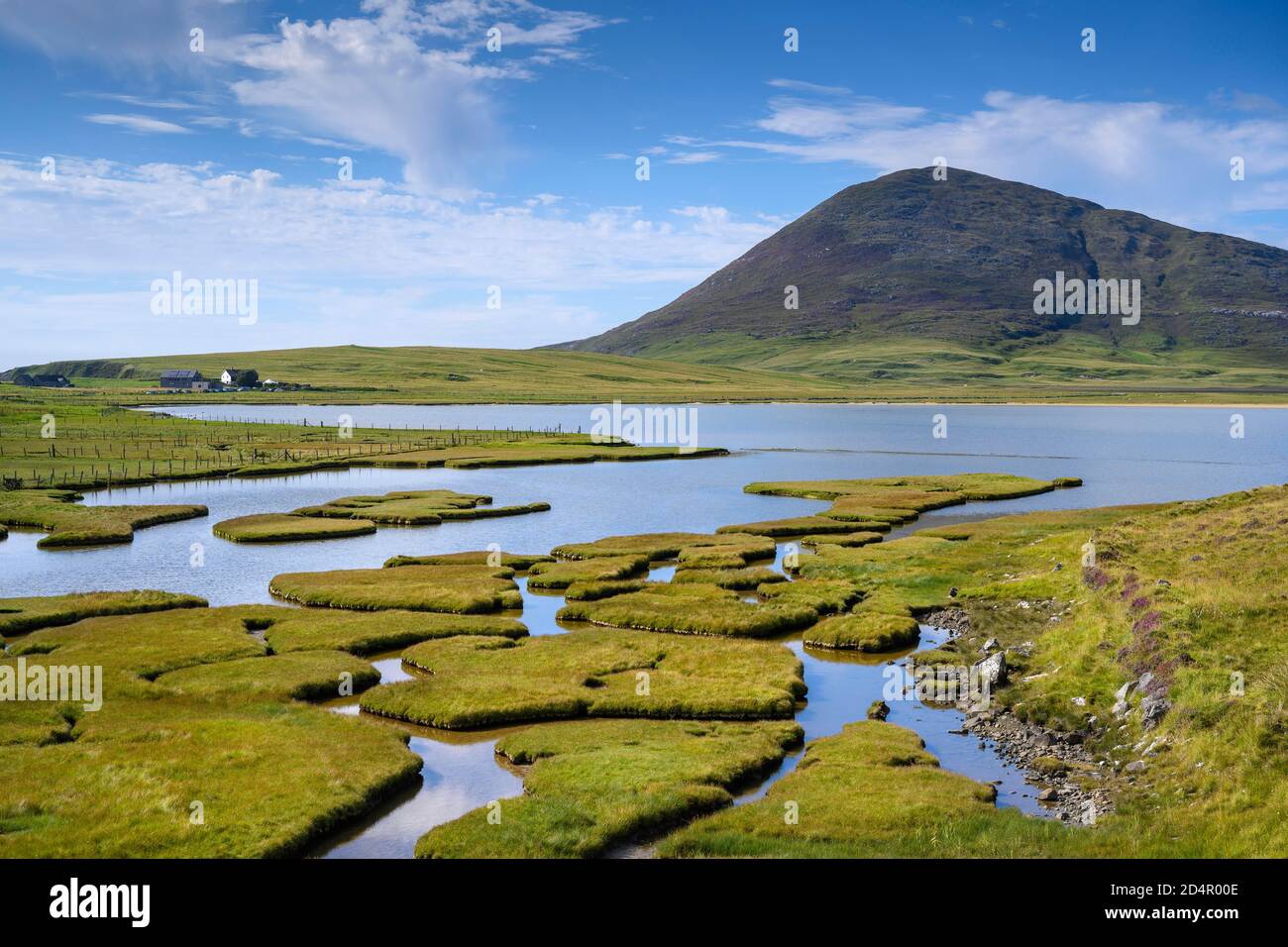 Marsh paesaggio vicino Northton con Ceapabhal Hill, Isola di Harris, Scozia, Gran Bretagna Foto Stock