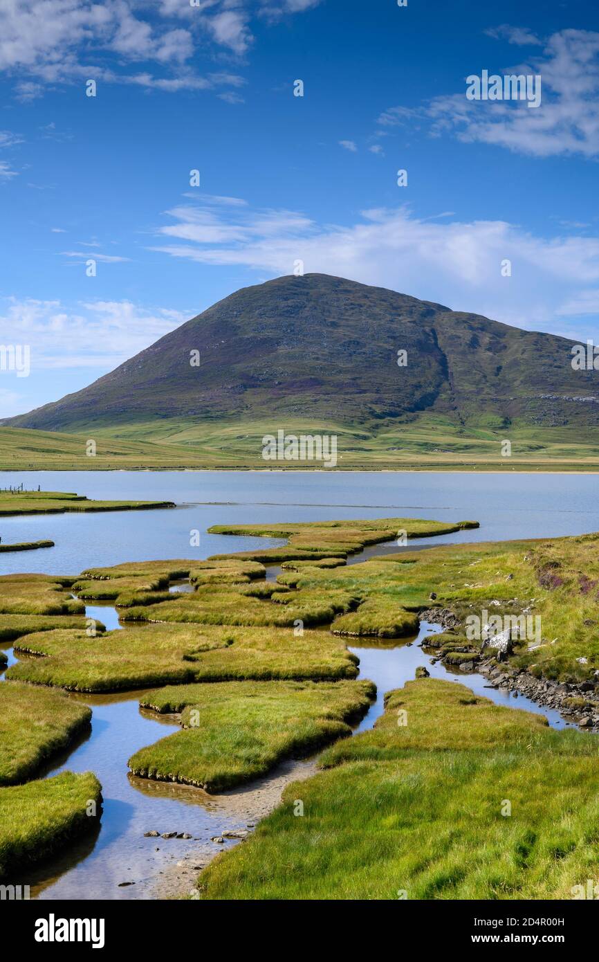 Marsh paesaggio vicino Northton con Ceapabhal Hill, Isola di Harris, Scozia, Gran Bretagna Foto Stock