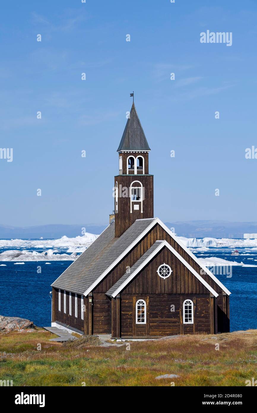Chiesa di Sion a Disko Bay, Ilulissat, Groenlandia occidentale, Groenlandia, Nord America Foto Stock