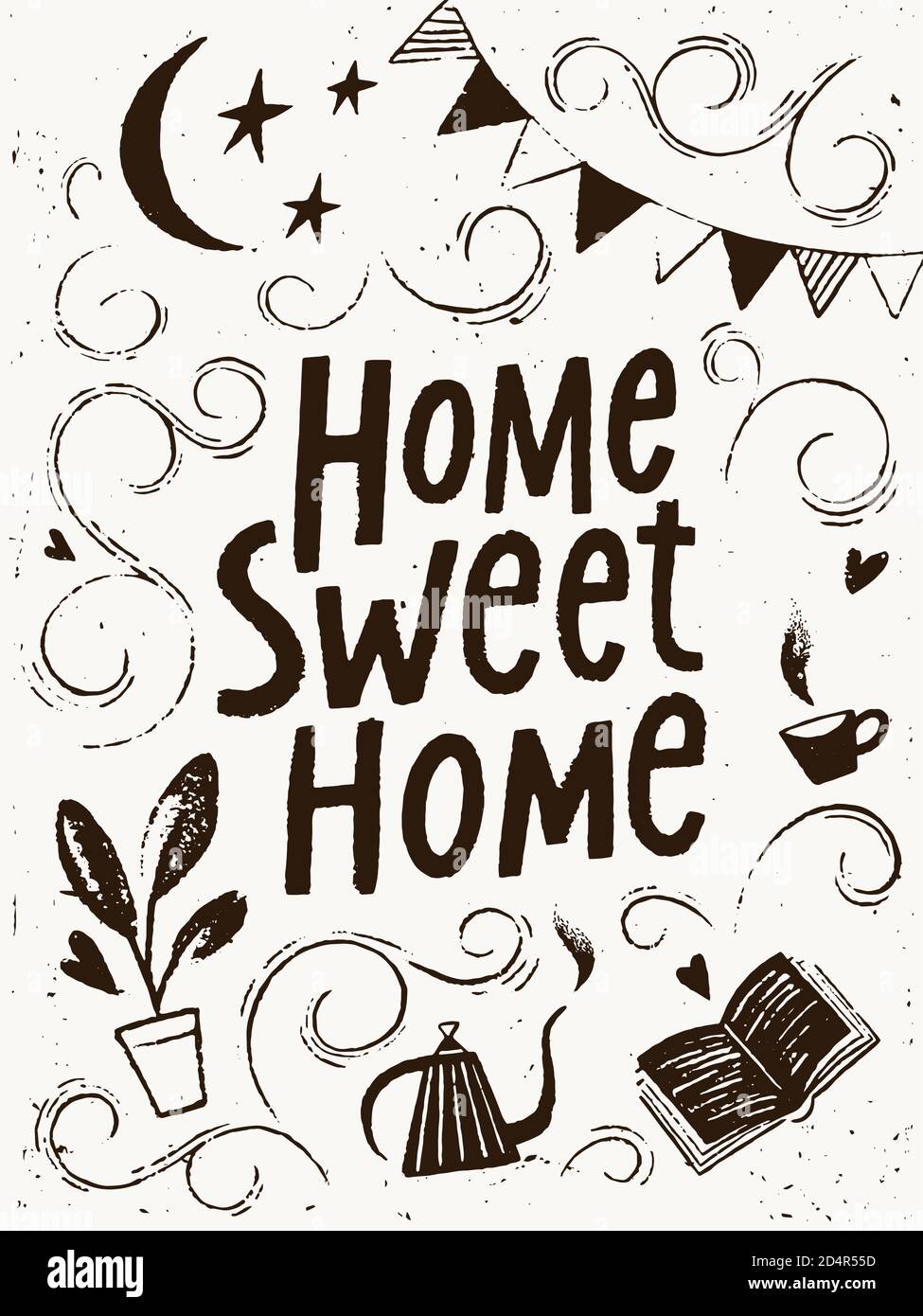 Rimani a casa lettering poster design con Home dolce casa slogan. Illustrazione Vettoriale