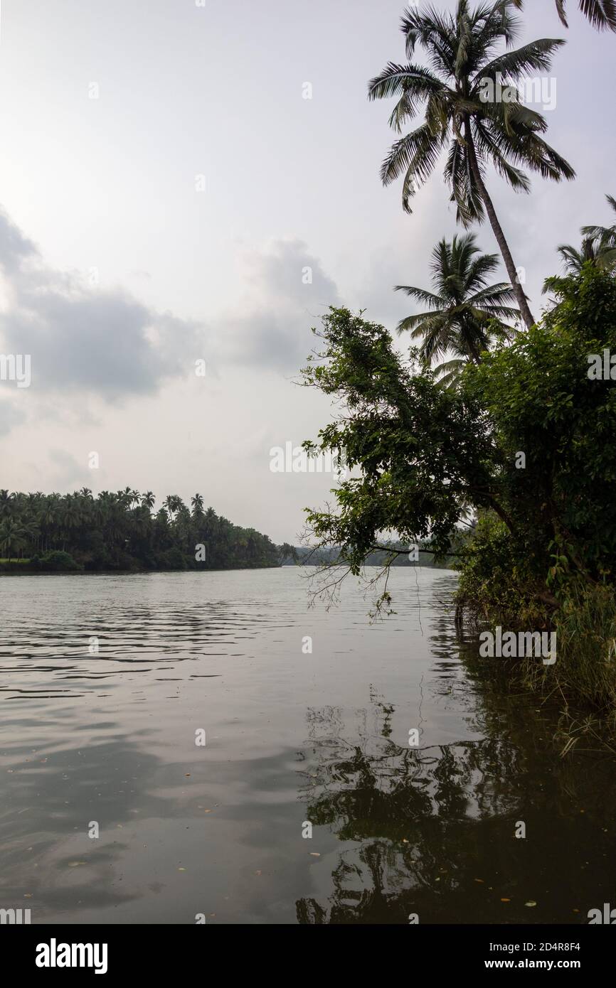 Vista sul fiume Chapora vicino al Forte di Alorna, Alorna, Goa, India Foto Stock