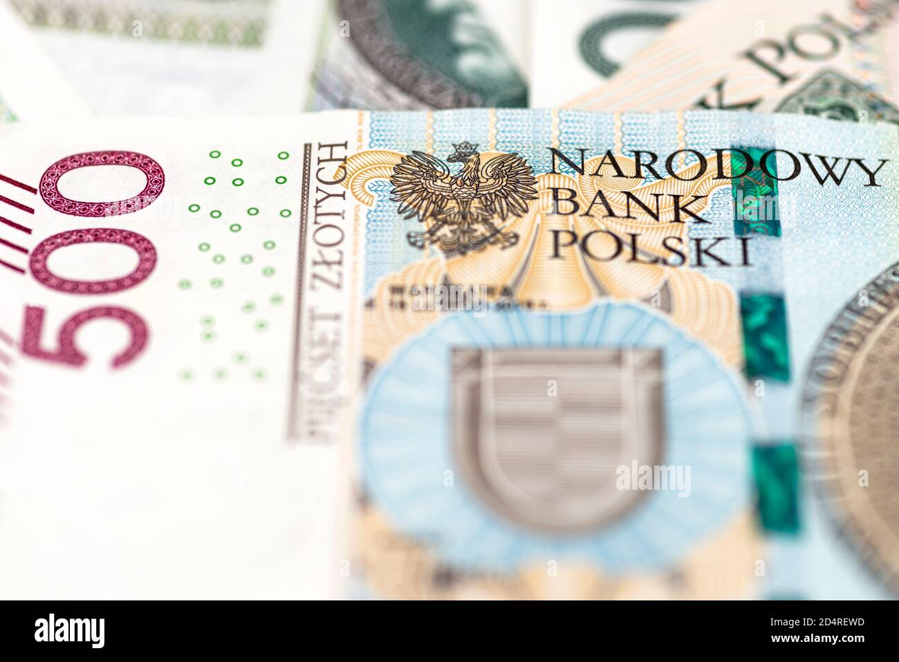 Foto macro del lato anteriore di una rara banconota da 500 PLN polacca, primo piano sulle iscrizioni. Foto Stock