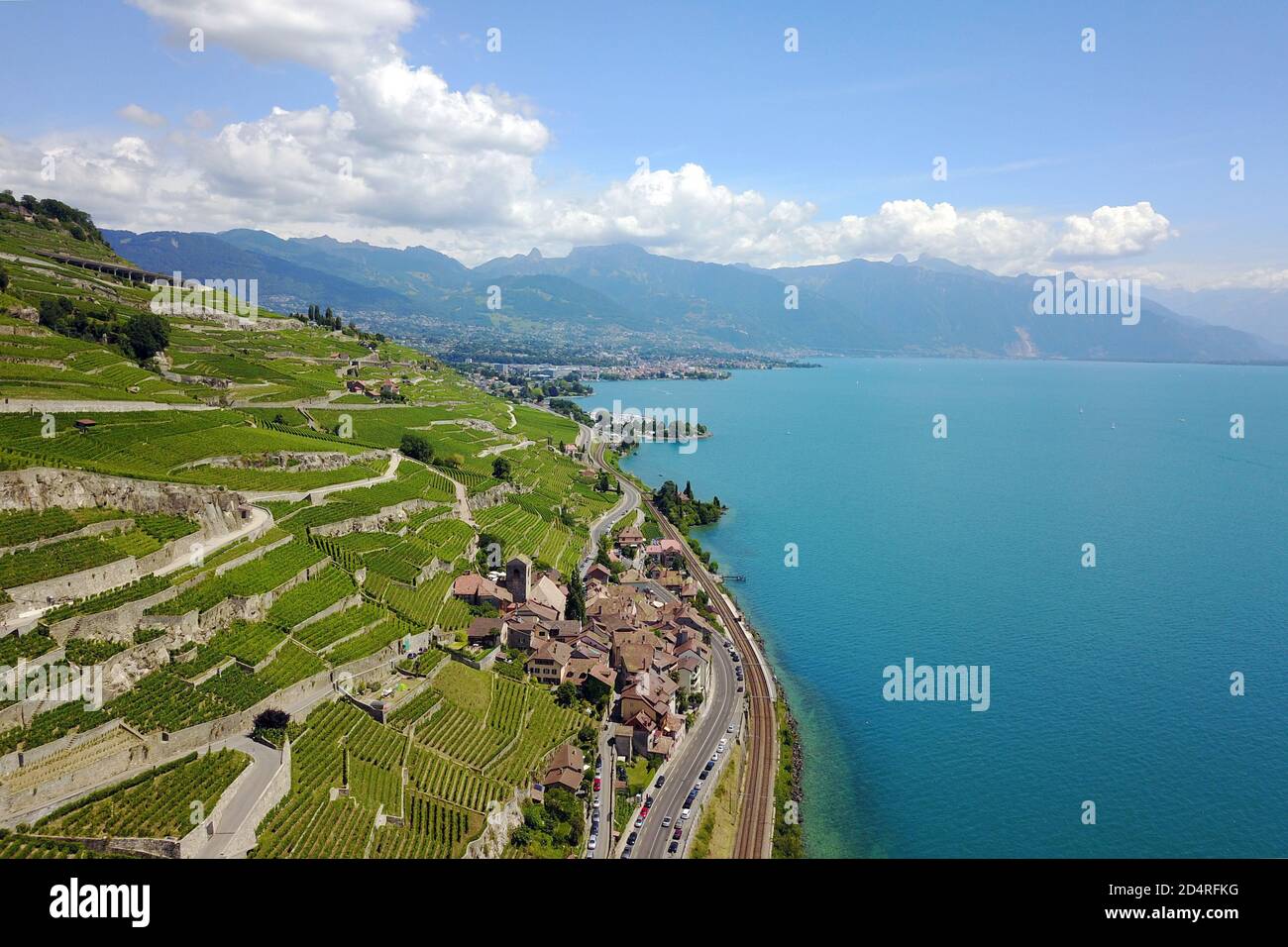 Immagine aerea dei vigneti di Lavaux in Svizzera con l'affascinante villaggio di Saint Saphorin. Foto Stock
