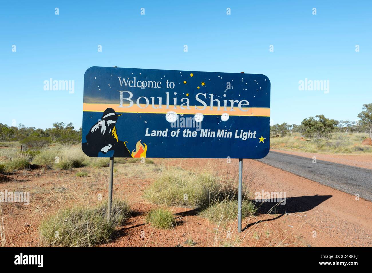 Benvenuti al cartello Boulia Shire, Land of the min Light, Queensland, QLD, Australia Foto Stock