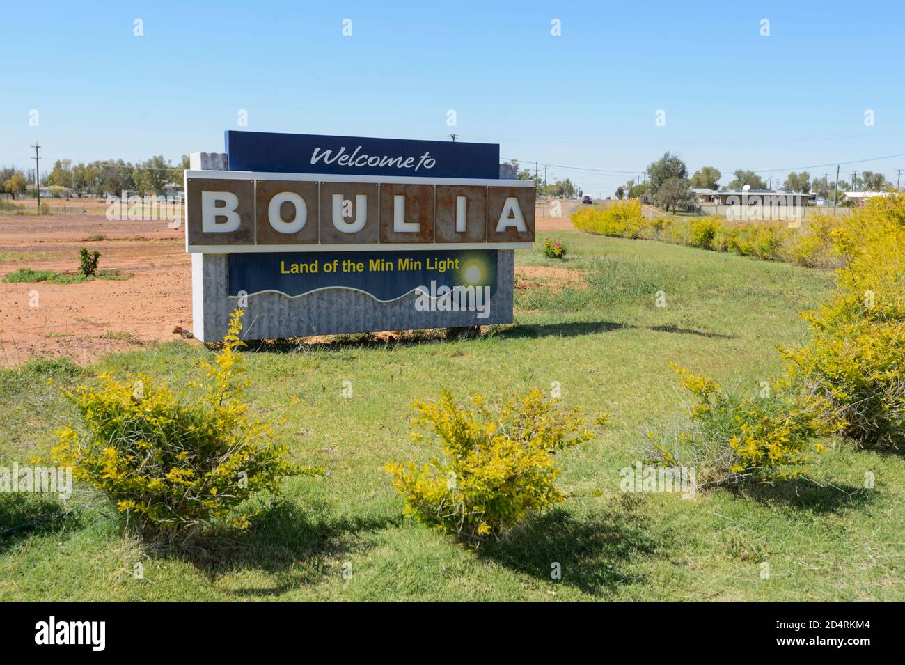 Benvenuti al cartello Boulia, Land of the min Light, Queensland, QLD, Australia Foto Stock