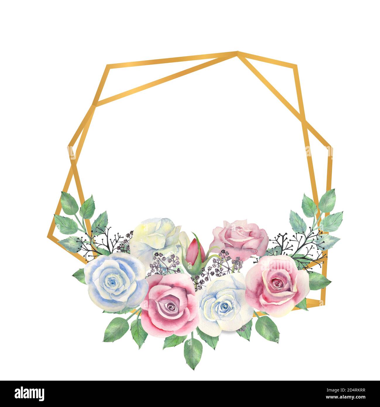 Fiori di rose blu e rosa, foglie verdi, bacche in una cornice poligonale d'oro. Illustrazione acquerello Foto Stock