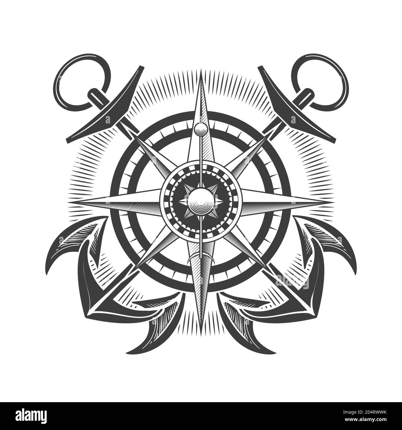 Etichetta nautica d'epoca con bussola Wind Rose e ancoraggi incrociati isolati su sfondo bianco. Illustrazione vettoriale. Illustrazione Vettoriale