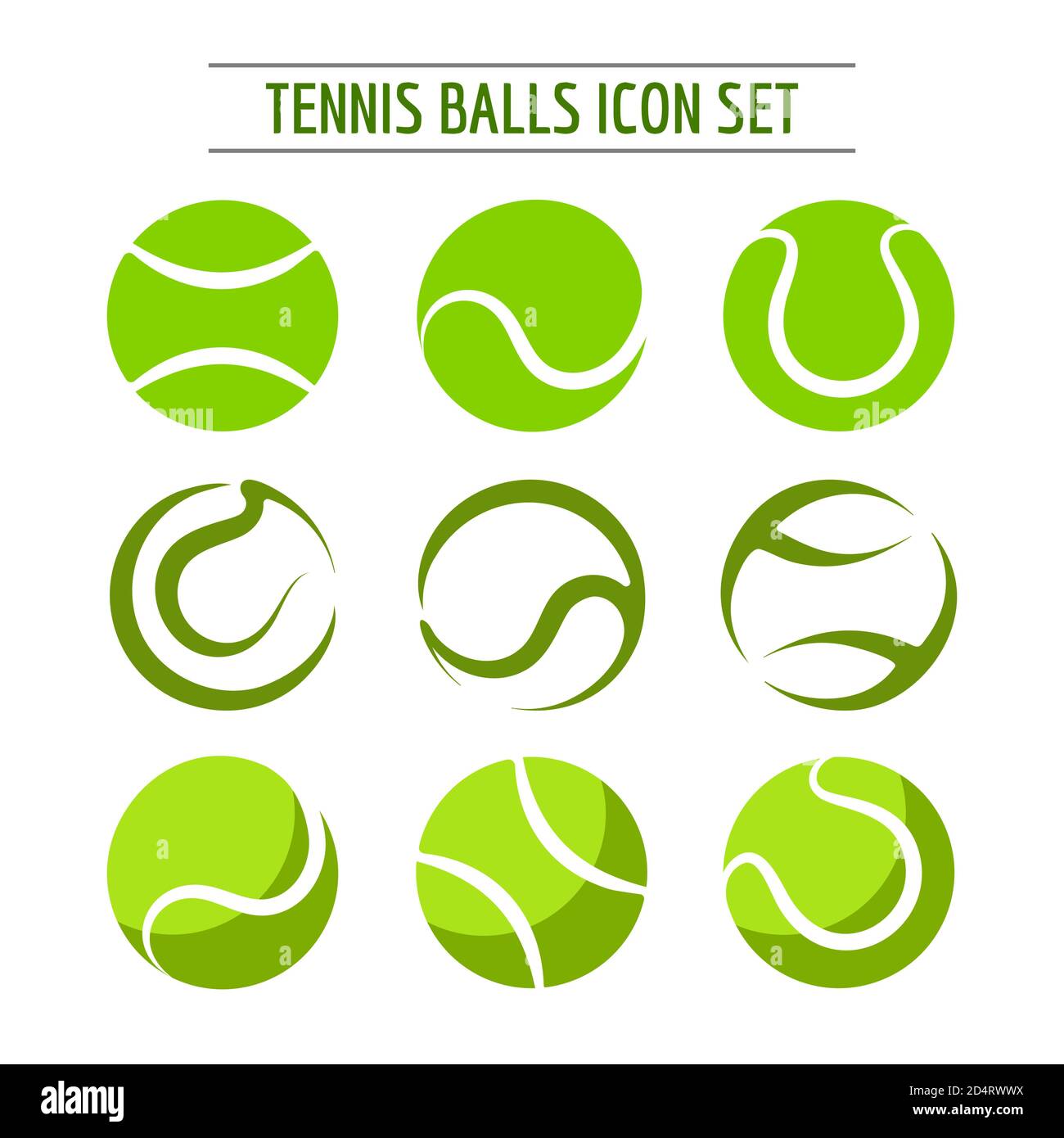 Set di nove palle da tennis isolate su sfondo nero. Illustrazione vettoriale. Illustrazione Vettoriale