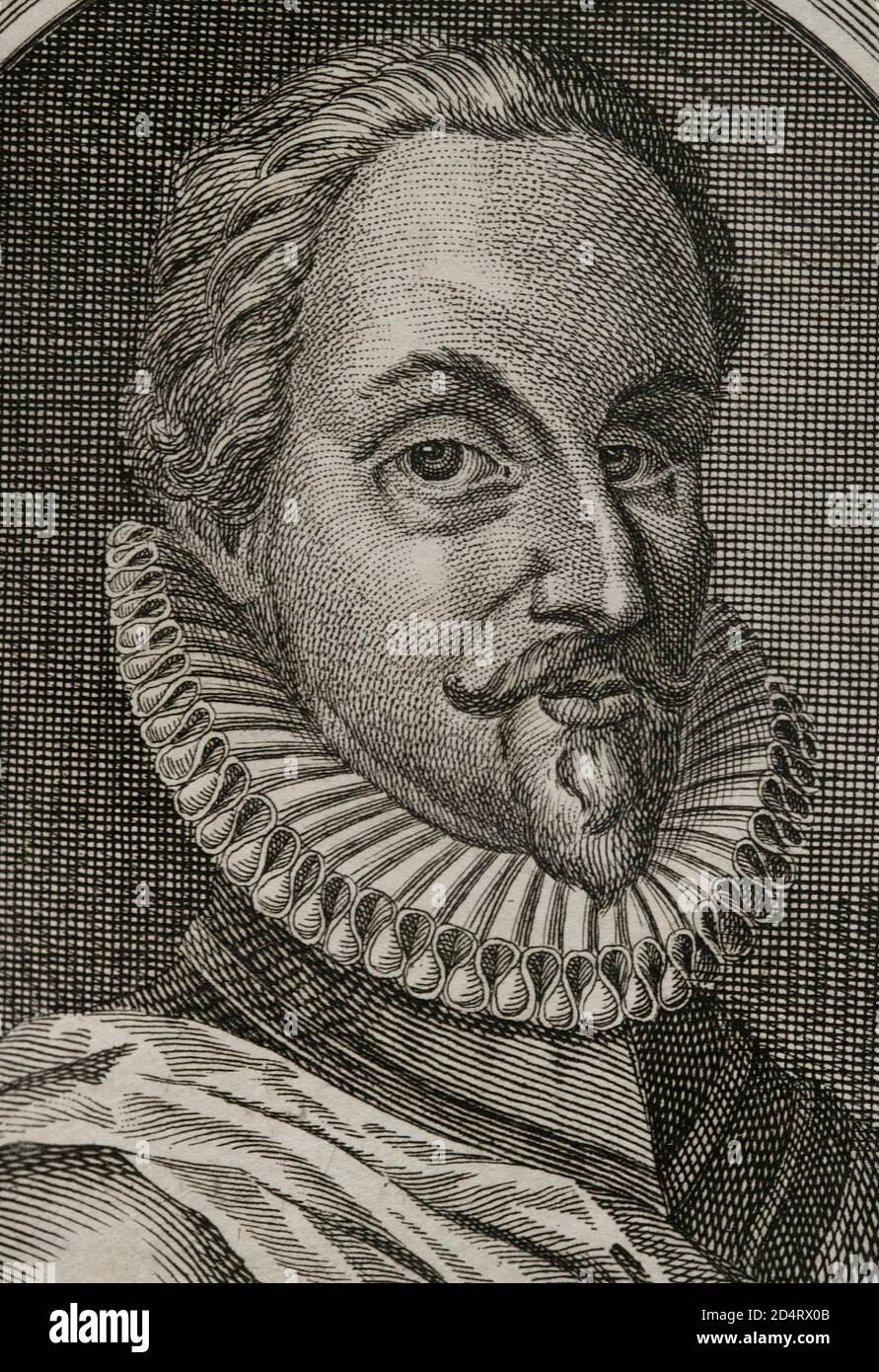 Adolf van Nieuwenaar (1545-1589). Conde de Limburg y Moers. Soldado de los Países Bajos. Estatúder de Guelders, Utrecht y Overijssel para los Estados generales de los Países Bajos durante la guerra de los ochenta años. Ritrato, detalle. Grado. Guerras de Flandes. Edición publicada en Amberes,1748. Biblioteca Histórico Militar de Barcelona. Cataluña. España. Foto Stock