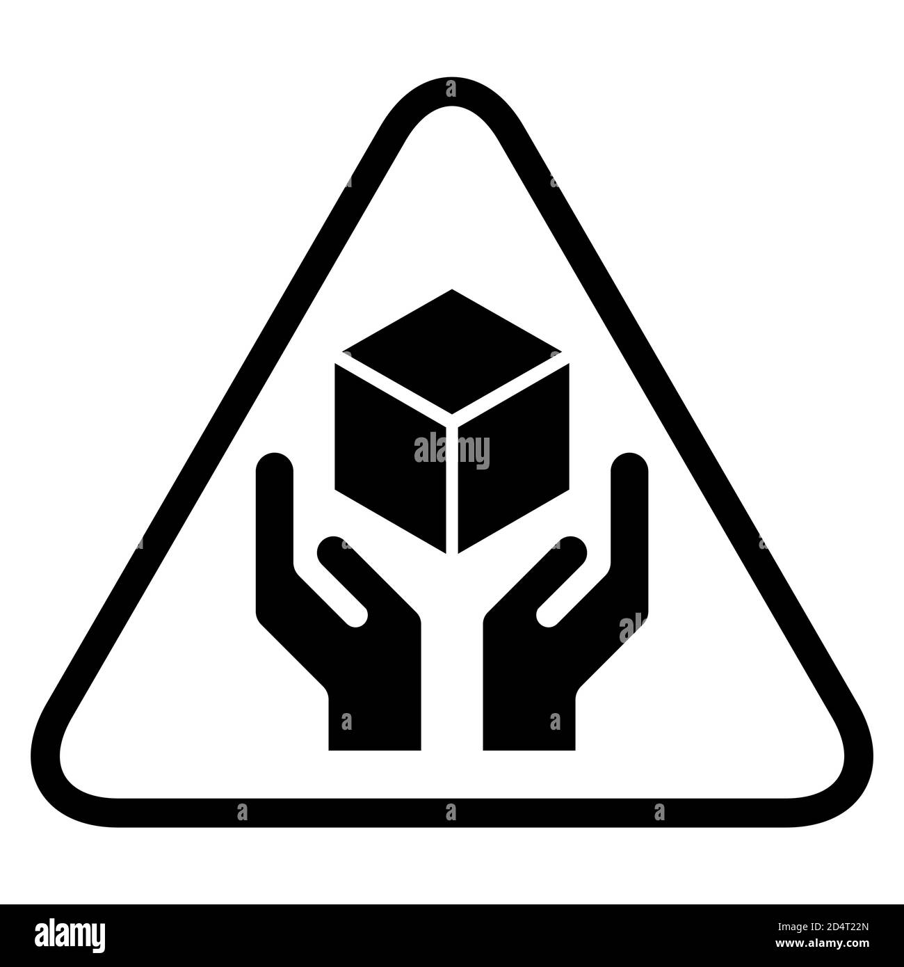 Maniglia con icona piatta di cura con triangolo nero isolato su sfondo bianco. Simbolo della confezione fragile. Illustrazione vettore etichetta . Illustrazione Vettoriale