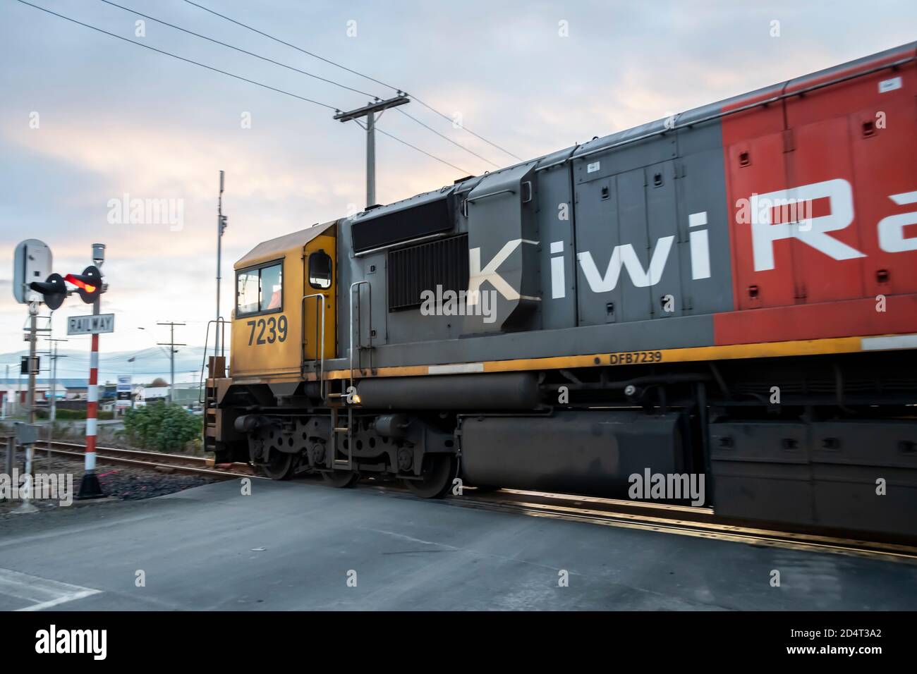 DFB Locomotiva elettrica diesel che trasporta un treno merci, Oamaru, Otago, Isola del Sud, Nuova Zelanda Foto Stock