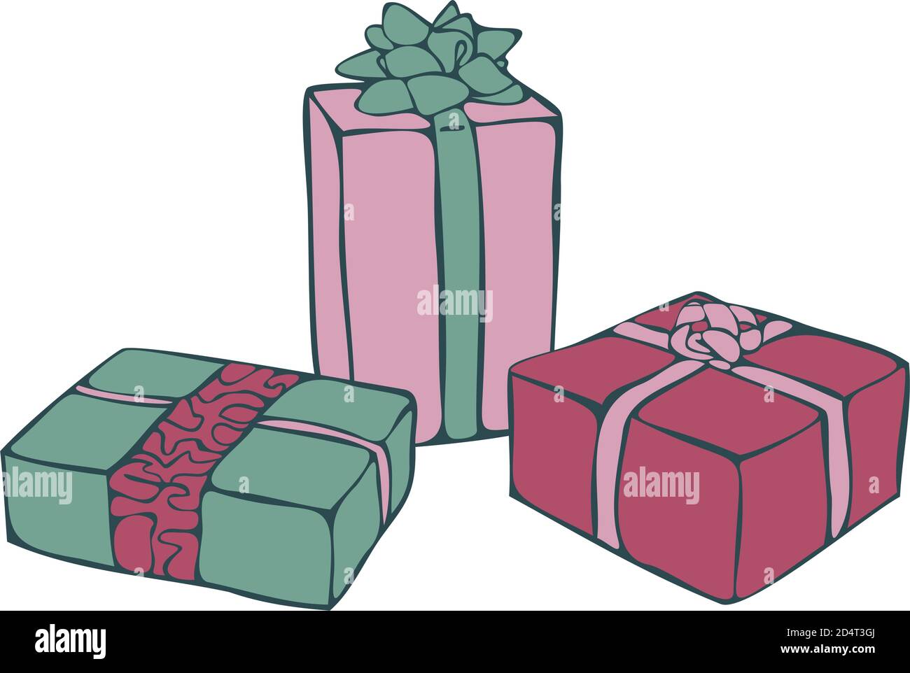 Vettore ancora vita con colorate scatole regalo isolato su sfondo bianco. Gitfs Concept per il nuovo anno. Illustrazione Vettoriale