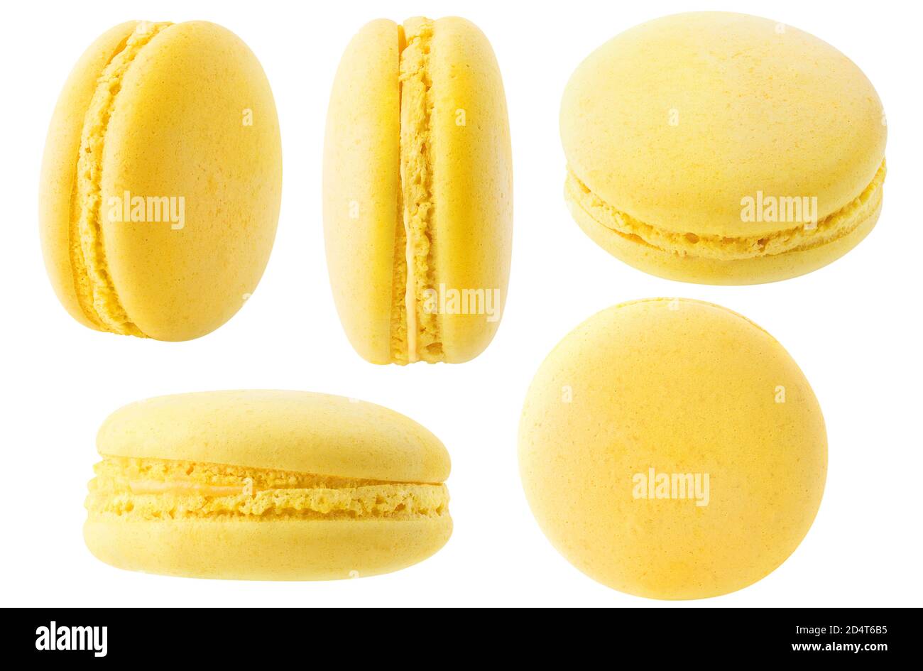 Raccolta di macaroni gialli isolati. Amaretto al limone isolato su sfondo bianco da angolazioni diverse Foto Stock