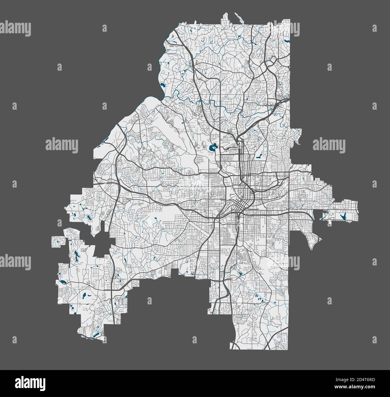 Mappa di Atlanta. Mappa vettoriale dettagliata dell'area amministrativa della città di Atlanta. Poster con strade e acqua su sfondo grigio. Illustrazione Vettoriale