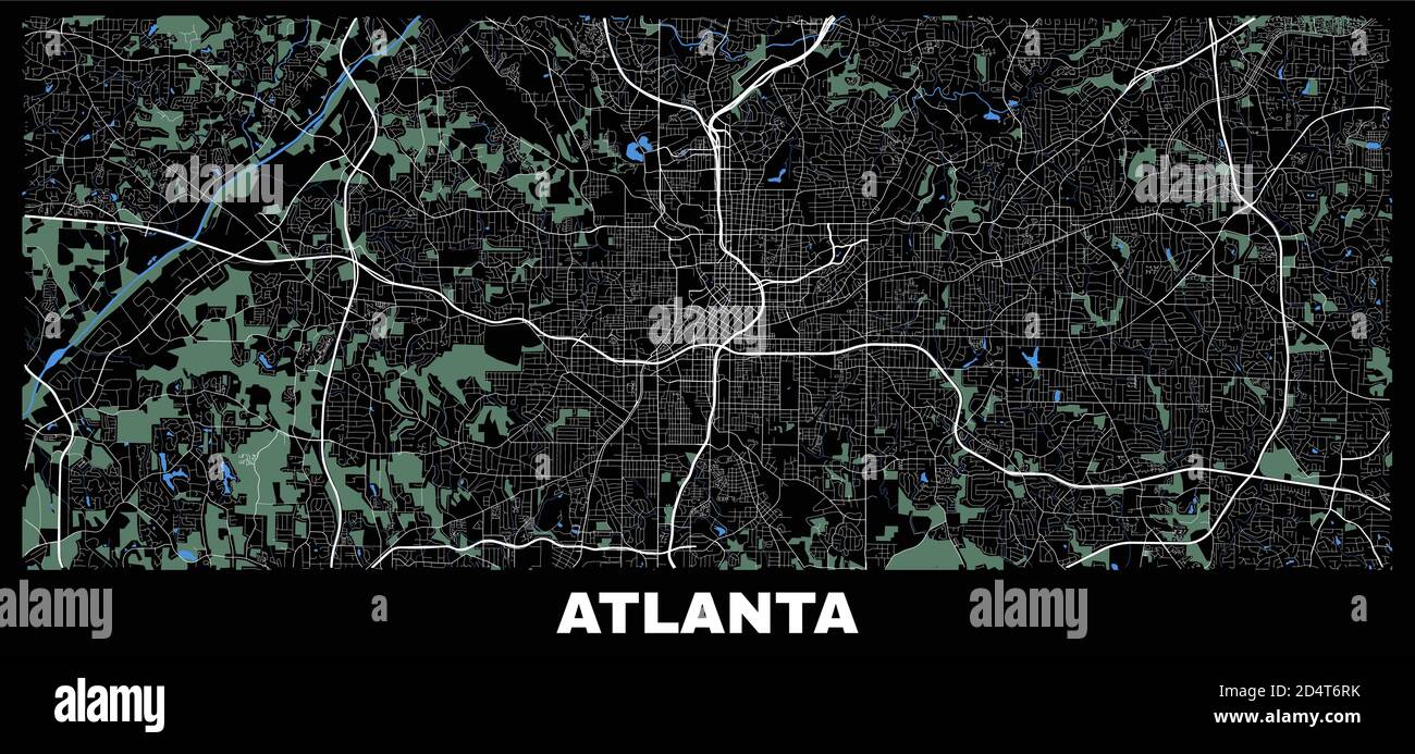 Mappa di Atlanta. Mappa vettoriale dell'area della città di Atlanta. Poster con strada, acqua e boschi su sfondo nero. Illustrazione Vettoriale