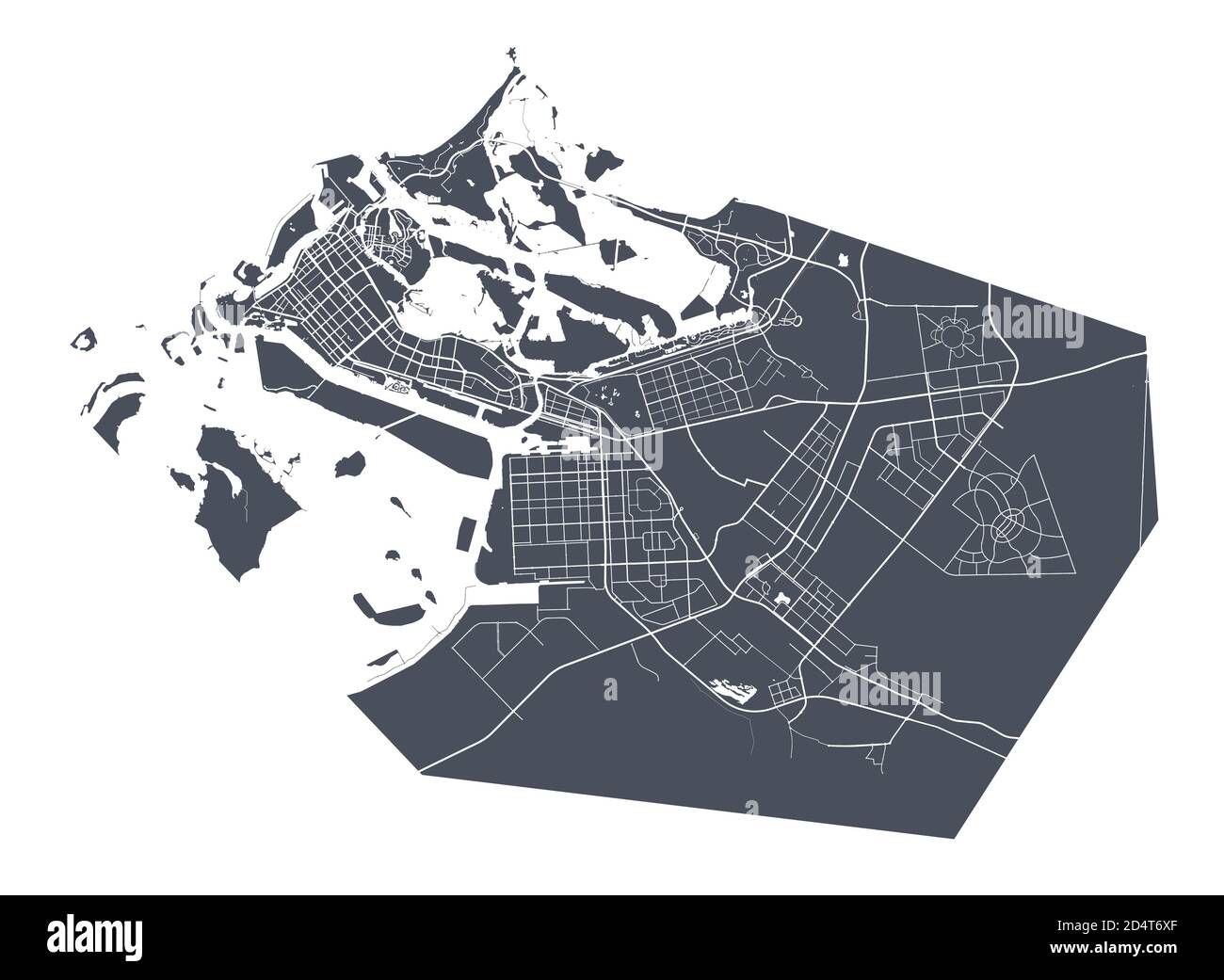 Mappa di Abu Dhabi. Mappa vettoriale dettagliata dell'area amministrativa della città di Abu Dhabi. Poster del paesaggio urbano vista aria metropolitana. Illustrazione Vettoriale