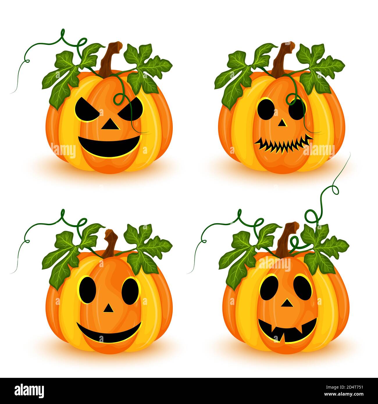 Set di zucche di Halloween con facce diverse isolate su sfondo bianco. Illustrazione vettoriale Illustrazione Vettoriale