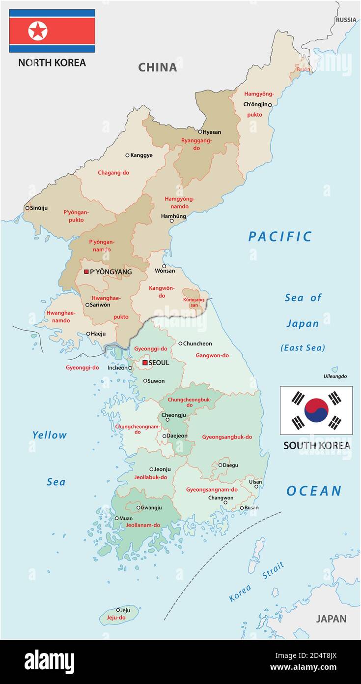 mappa amministrativa vettoriale degli stati del nord e del sud corea Illustrazione Vettoriale