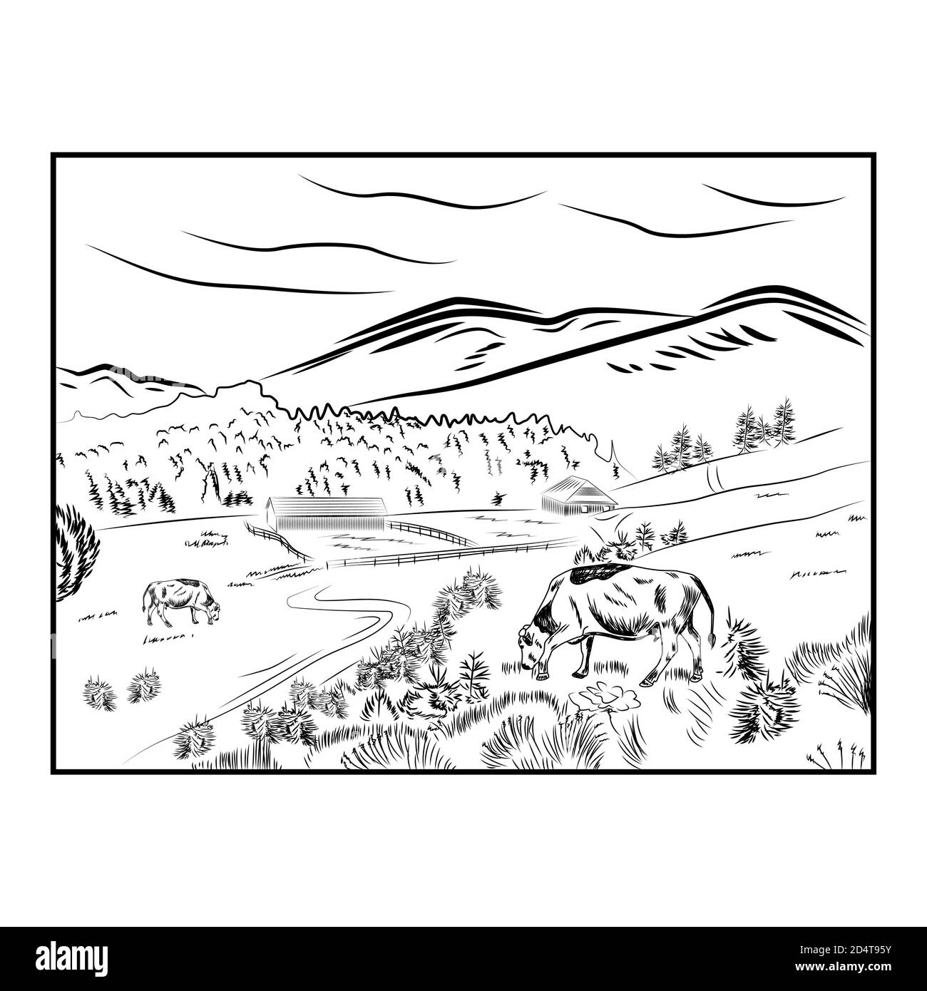 Nero schizzo mucca fattoria poster paesaggio con mucca pascolo in un prato vicino alle montagne Illustrazione Vettoriale