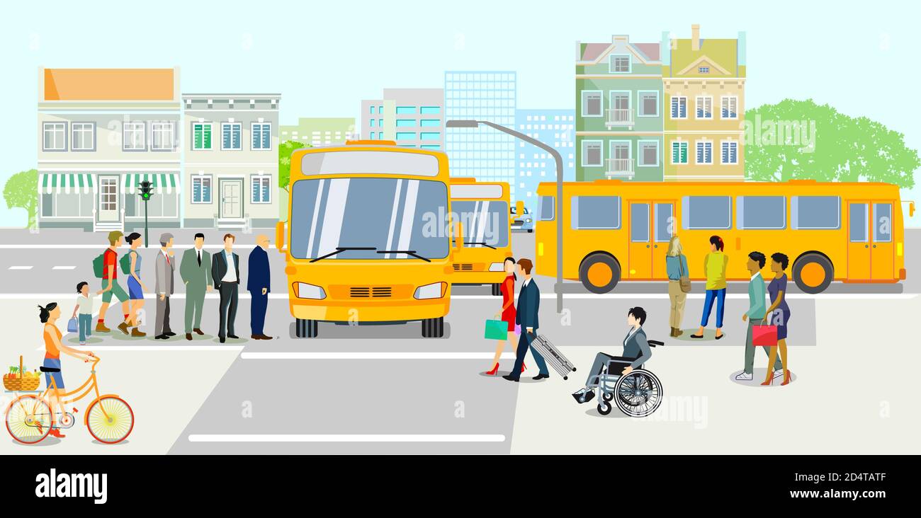 Trasporti pubblici con fermata dell'autobus, illustrazione vettoriale Illustrazione Vettoriale