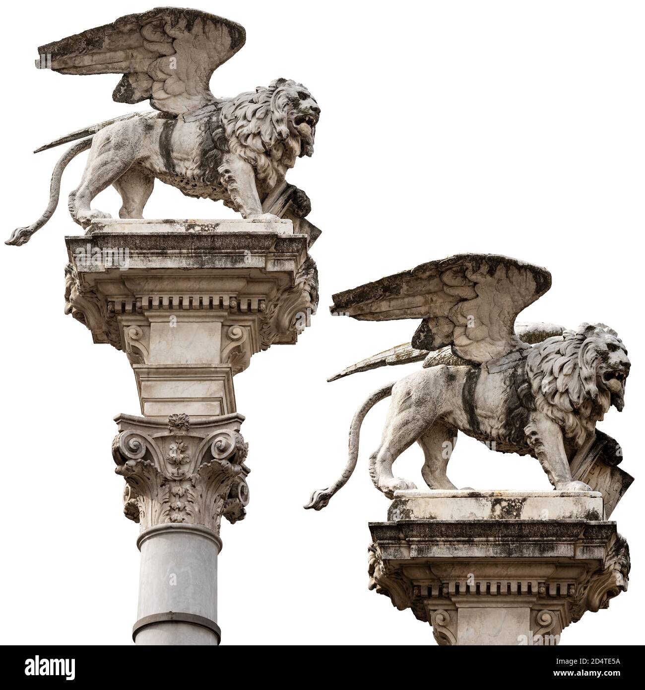 Statua in marmo del Leone alato di San Marco isolato su sfondo bianco. Simbolo dell'evangelista, della Repubblica Veneta e della Regione Veneto. Foto Stock
