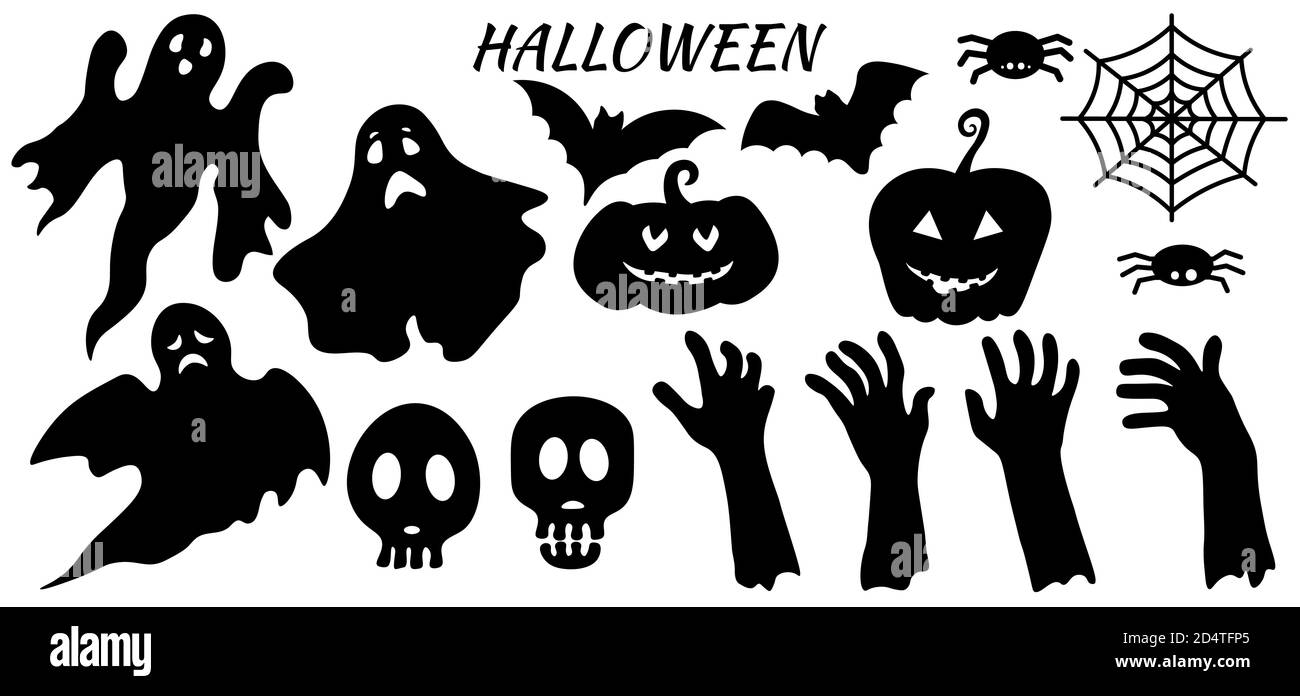 Adesivi per tagliare la carta per la festa di Halloween. Zucca, strega, cranio, fantasma, cappello, corna, web, ragno e mani.... Illustrazione Vettoriale