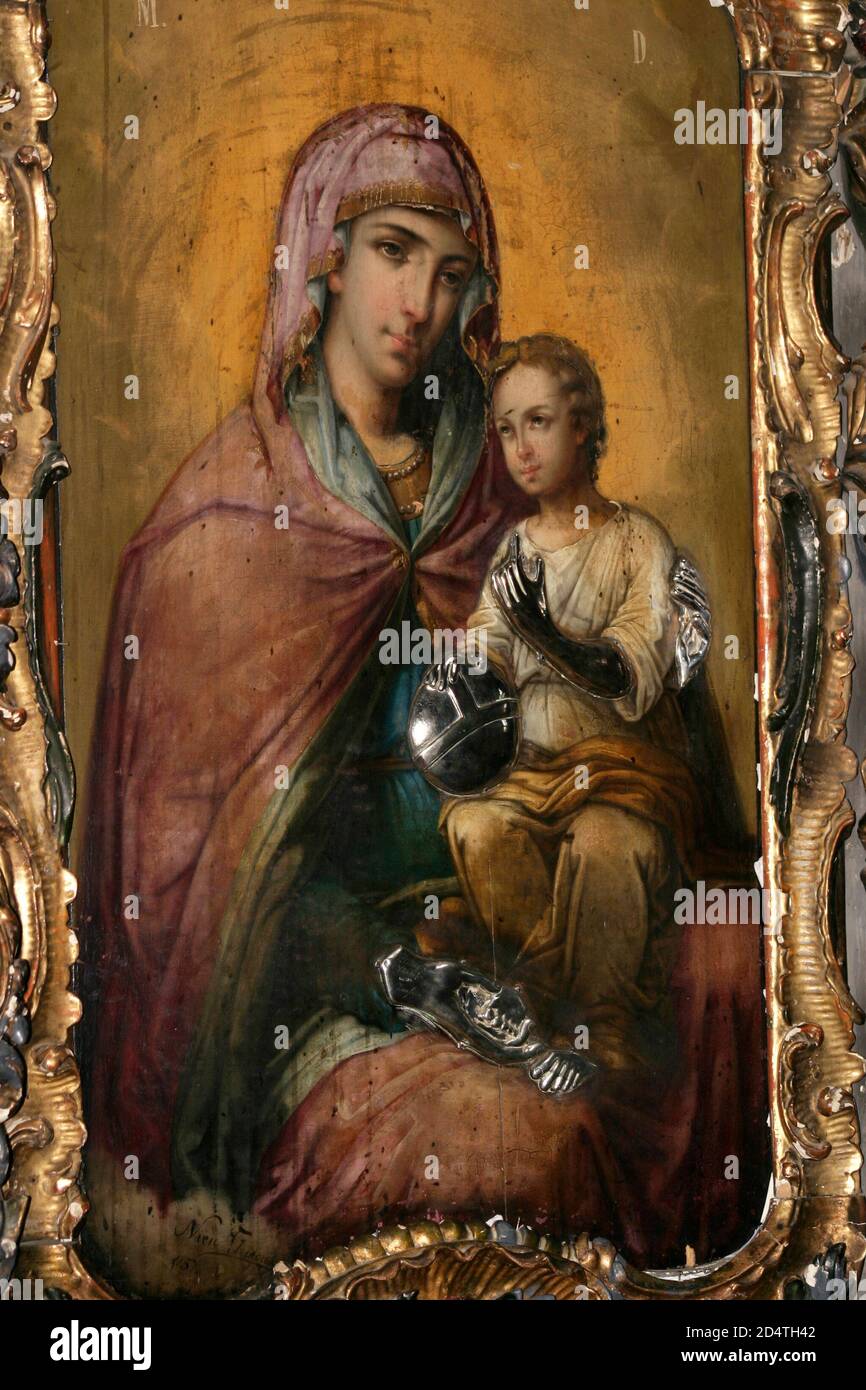 Monastero di Zamfira, Romania. Icona dipinta da Nicolae Grigorescu raffigurante il Thoetokos con il bambino Gesù. Foto Stock