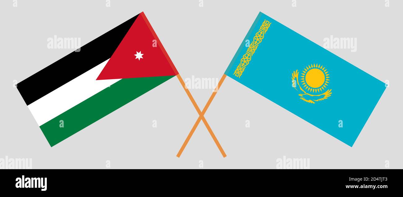 Bandiere incrociate di Giordania e Kazakistan. Colori ufficiali. Proporzione corretta. Illustrazione vettoriale Illustrazione Vettoriale
