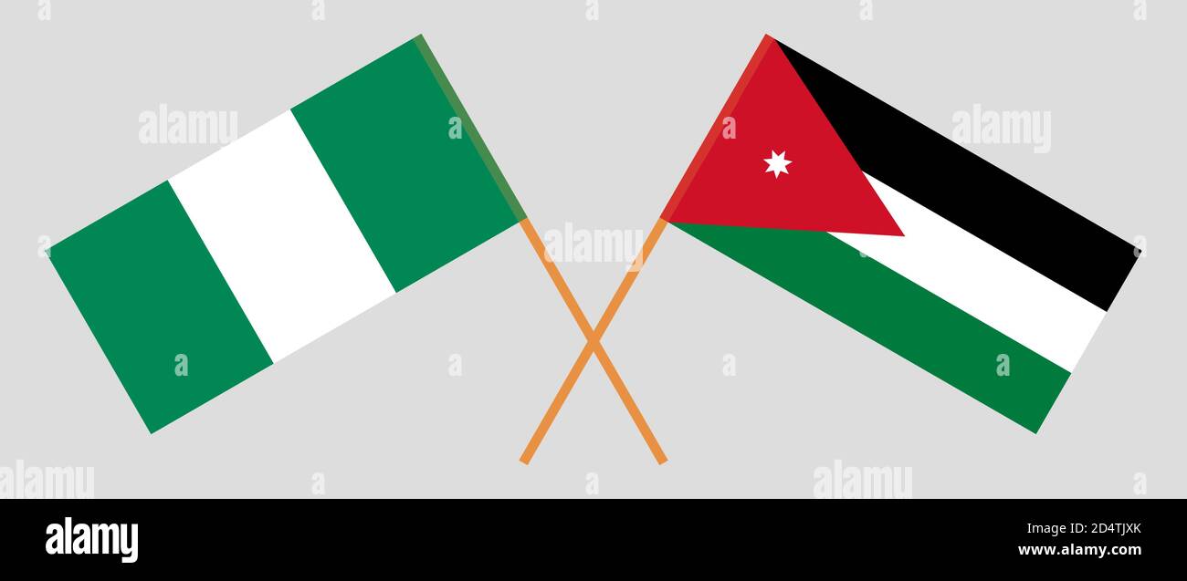 Bandiere incrociate di Giordania e Nigeria. Colori ufficiali. Proporzione corretta. Illustrazione vettoriale Illustrazione Vettoriale