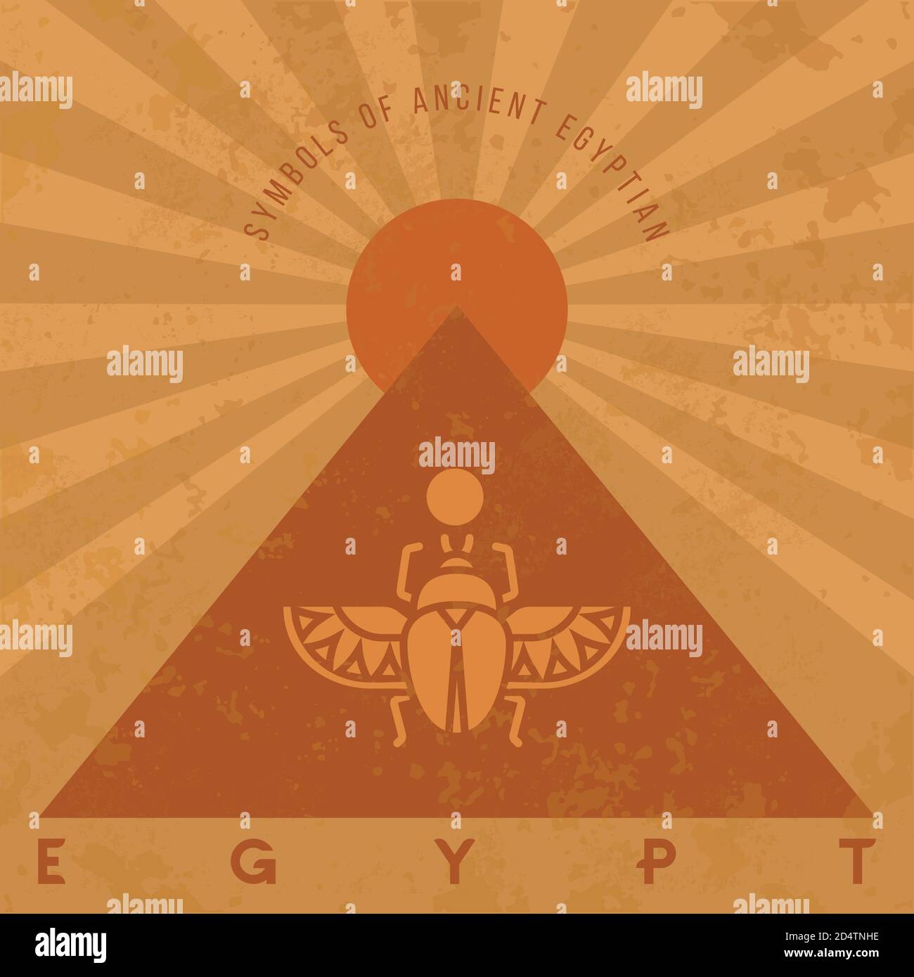 Simboli dell'antico Egitto in stile antico. Scarabeo, piramide e sole. Illustrazione Vettoriale