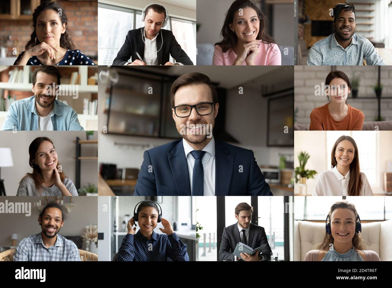 I colleghi multietnici si scambiano idee per parlare con una videochiamata di gruppo Foto Stock