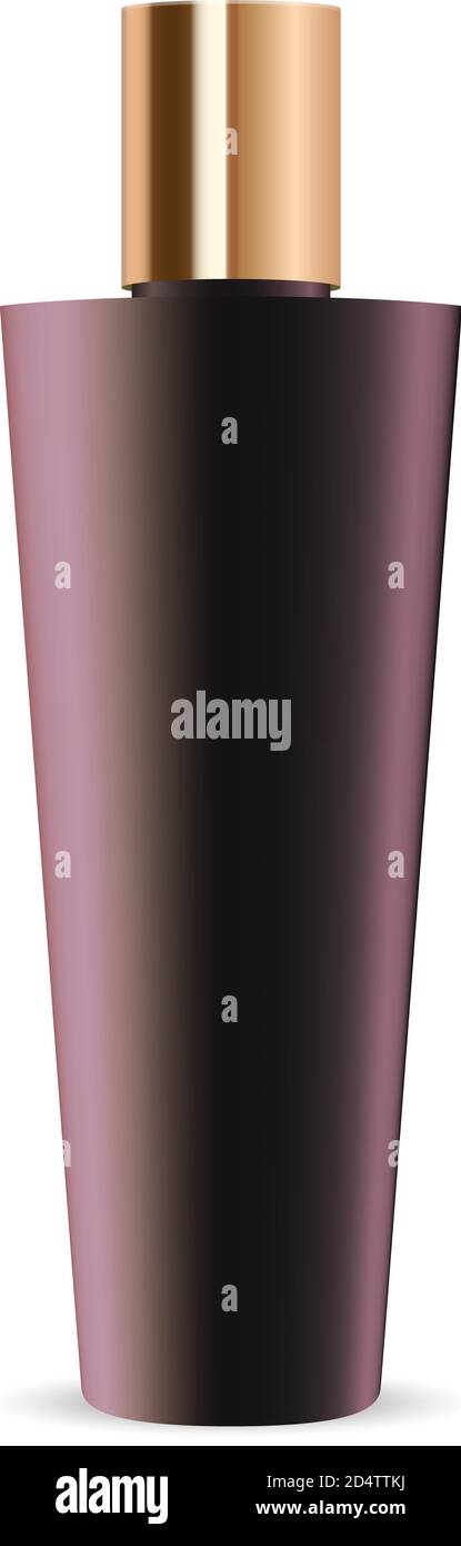 Flacone per shampoo cosmetico, lozione, sapone con coperchio dorato. Mockup di impacchettamento vettoriale. concetto di prodotto 3d per la cura dei capelli. Illustrazione Vettoriale